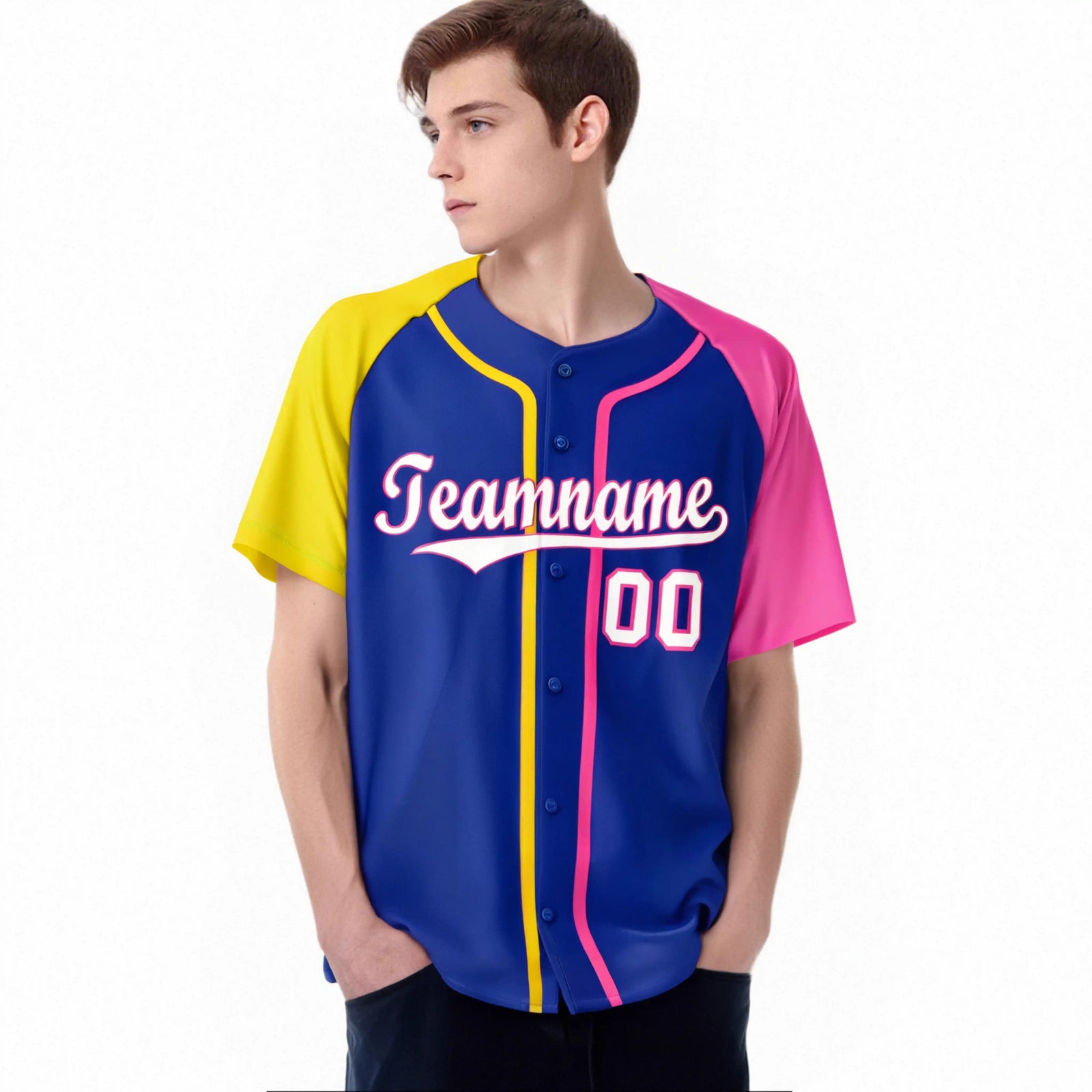 Custom Blue Yellow Pink Authentic Baseball Jersey