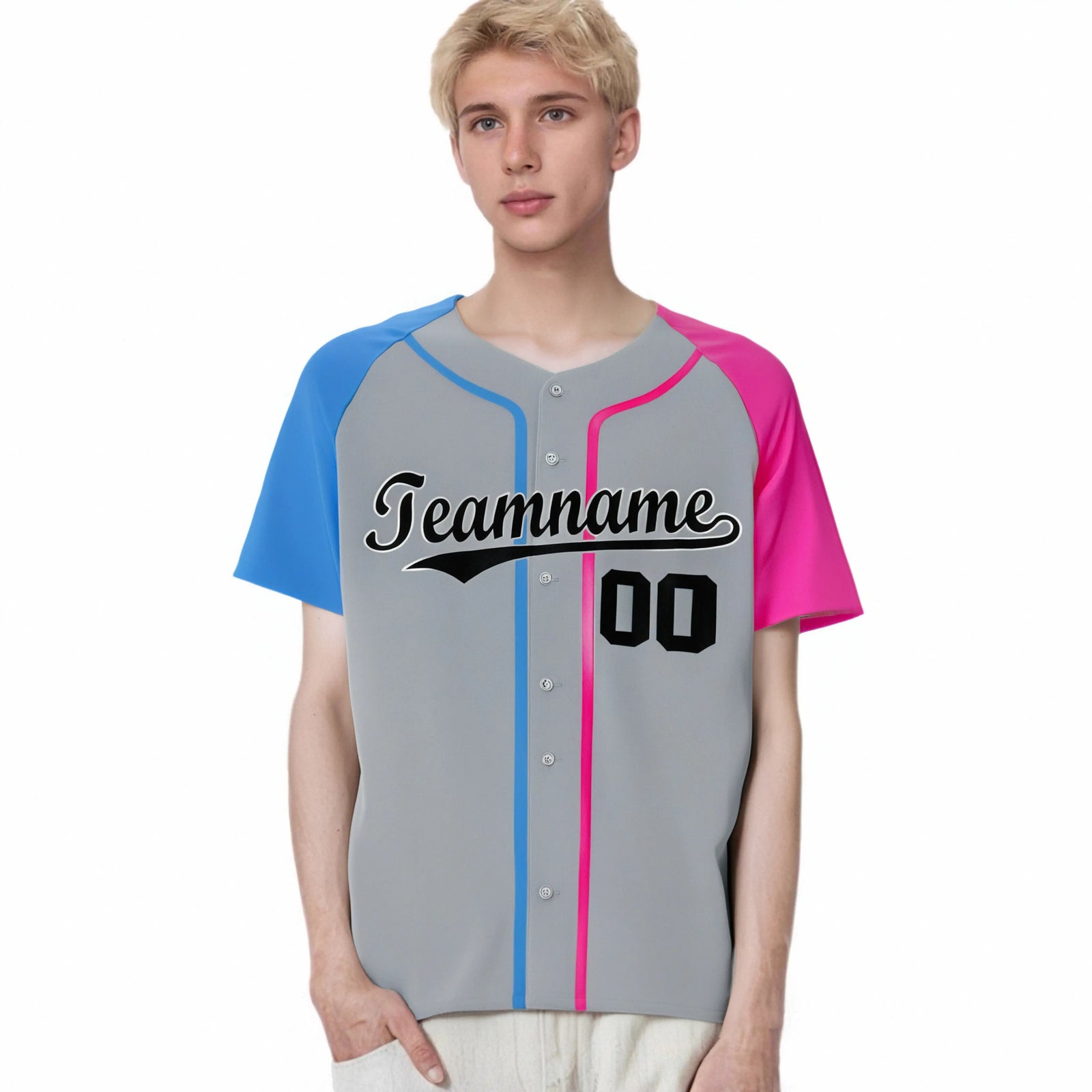 Custom Gray Light Blue Pink Authentic Baseball Jersey