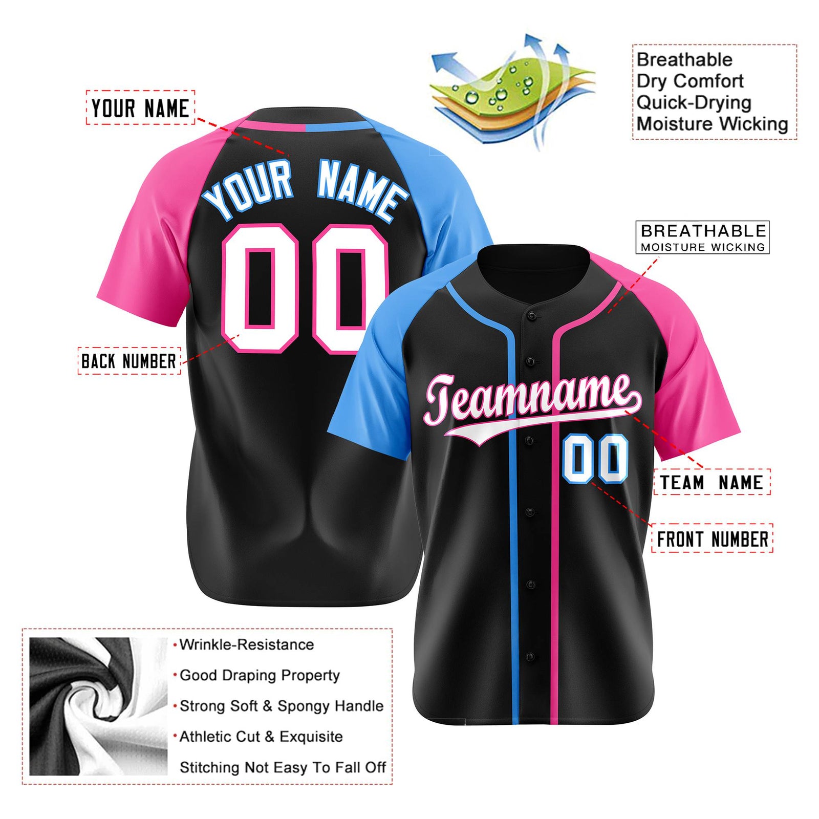 Custom Black Light Blue Pink Authentic Baseball Jersey