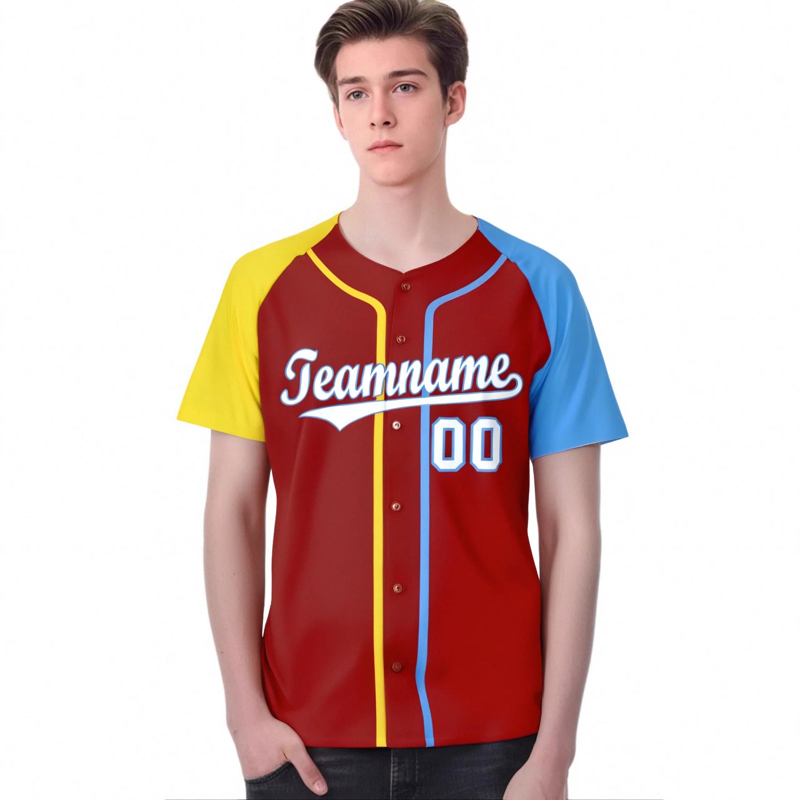 Custom Red Yellow Light Blue Authentic Baseball Jersey