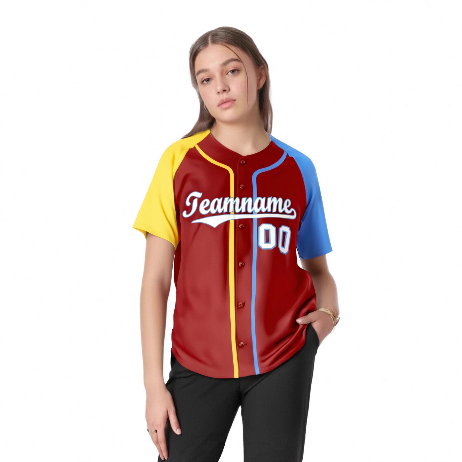 Custom Red Yellow Light Blue Authentic Baseball Jersey