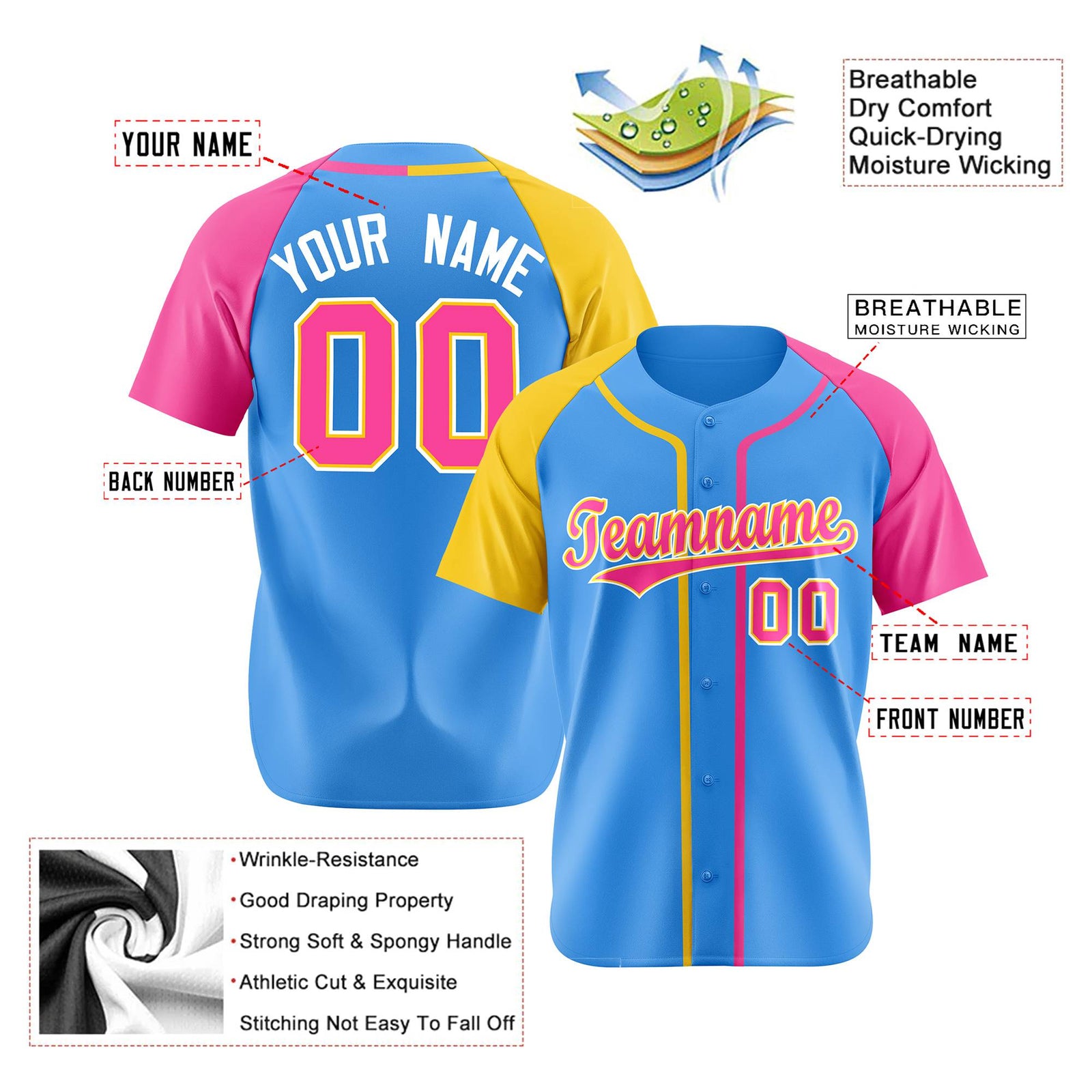Custom Sky Blue Yellow Pink Authentic Baseball Jersey