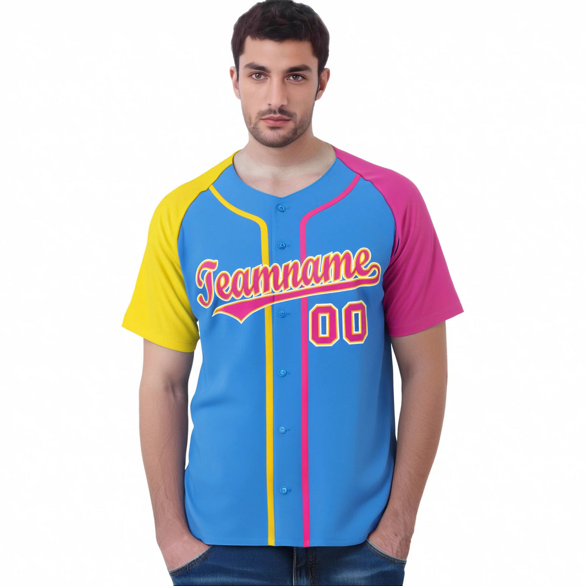 Custom Sky Blue Yellow Pink Authentic Baseball Jersey