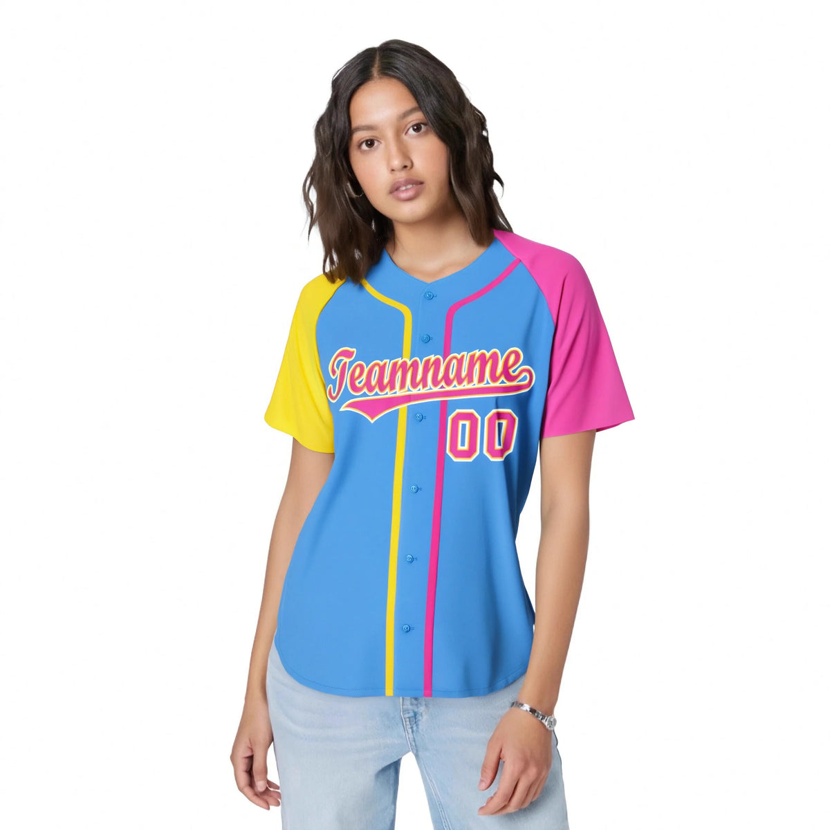 Custom Sky Blue Yellow Pink Authentic Baseball Jersey