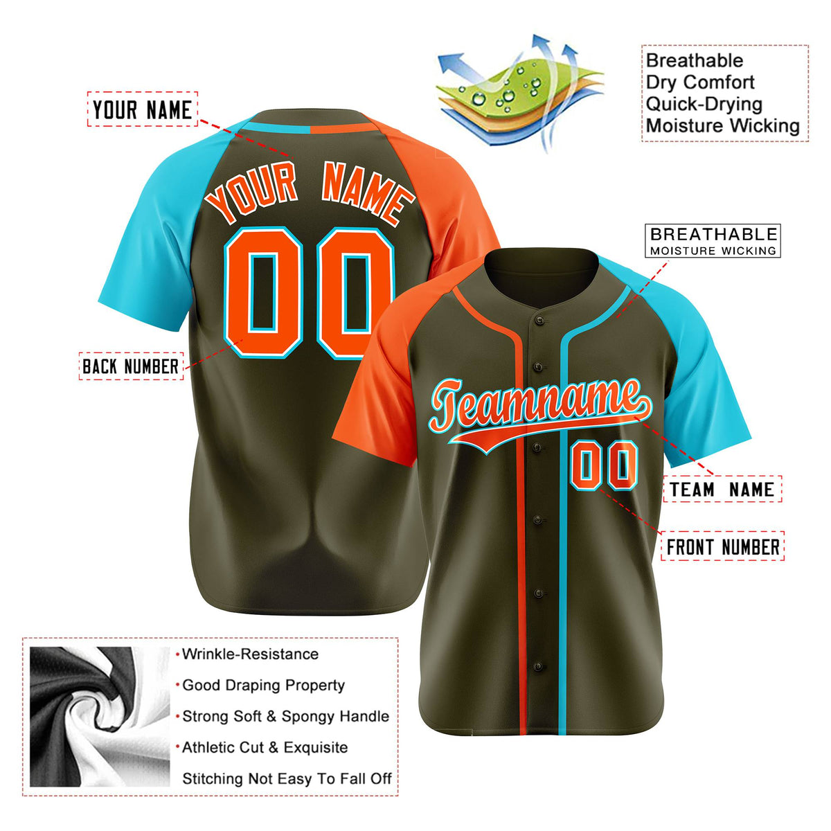 Custom Olive Orange Blue Authentic Baseball Jersey