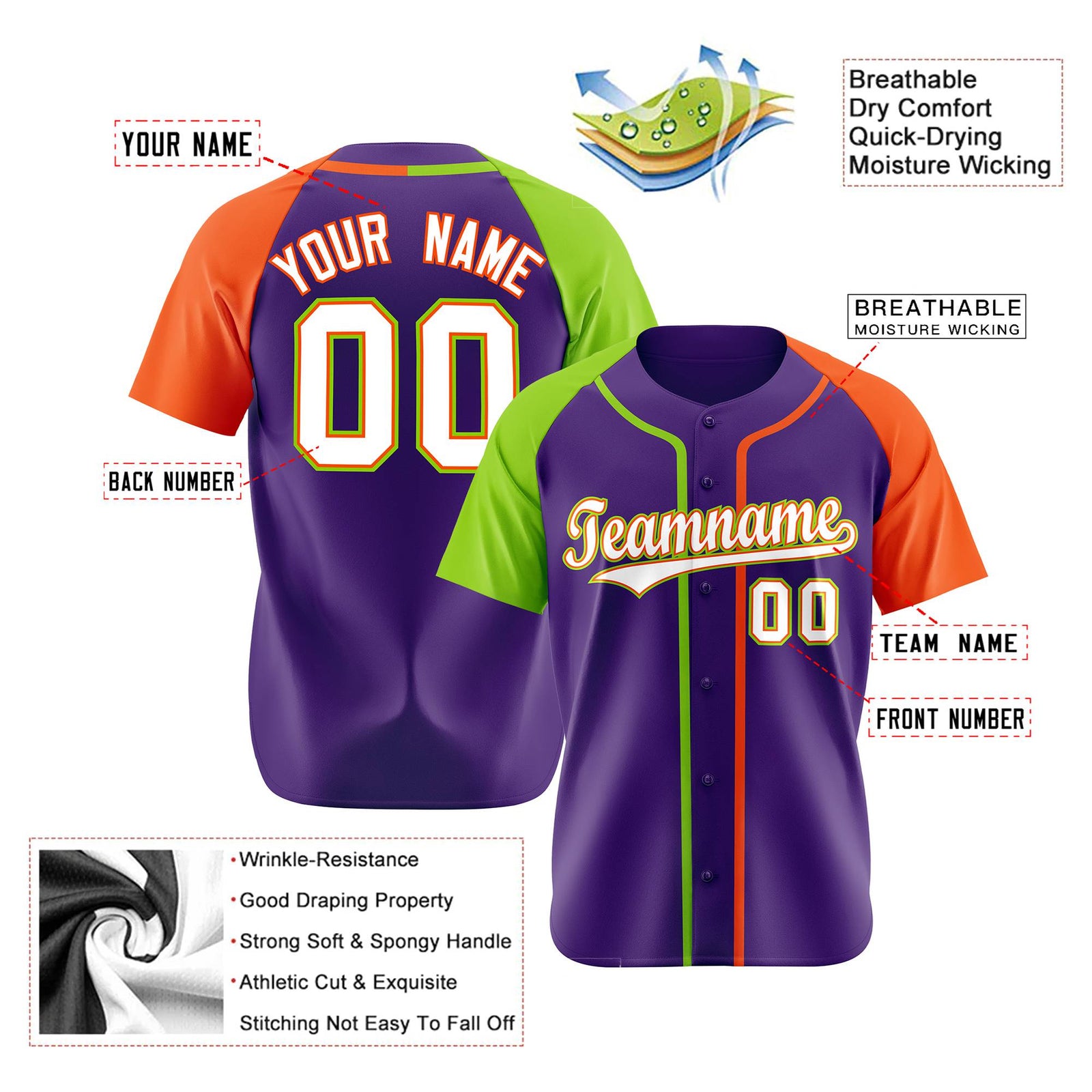 Custom Purple Neon Green Orange Authentic Baseball Jersey