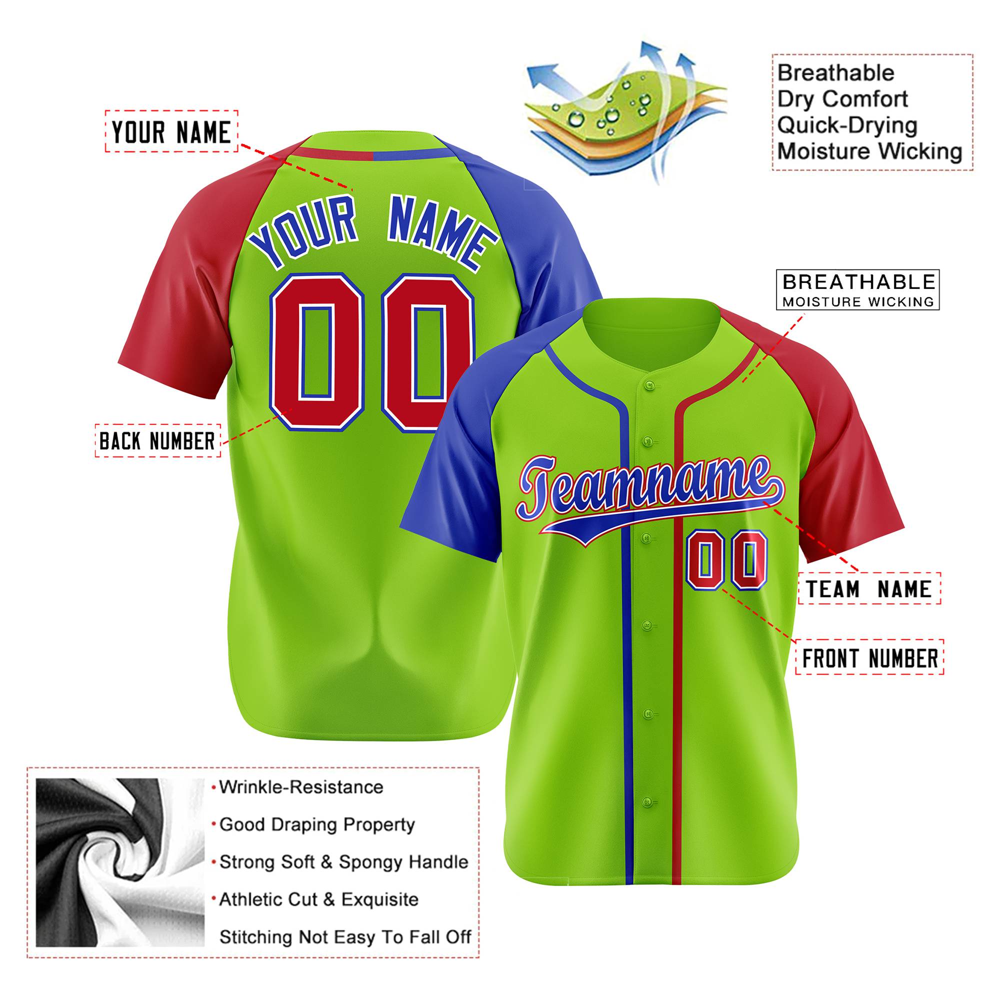 Custom Neon Green Blue Red Authentic Baseball Jersey