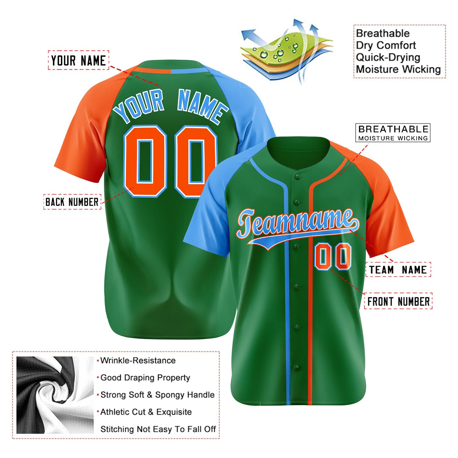 Custom Kelly Green Blue Orange Authentic Baseball Jersey