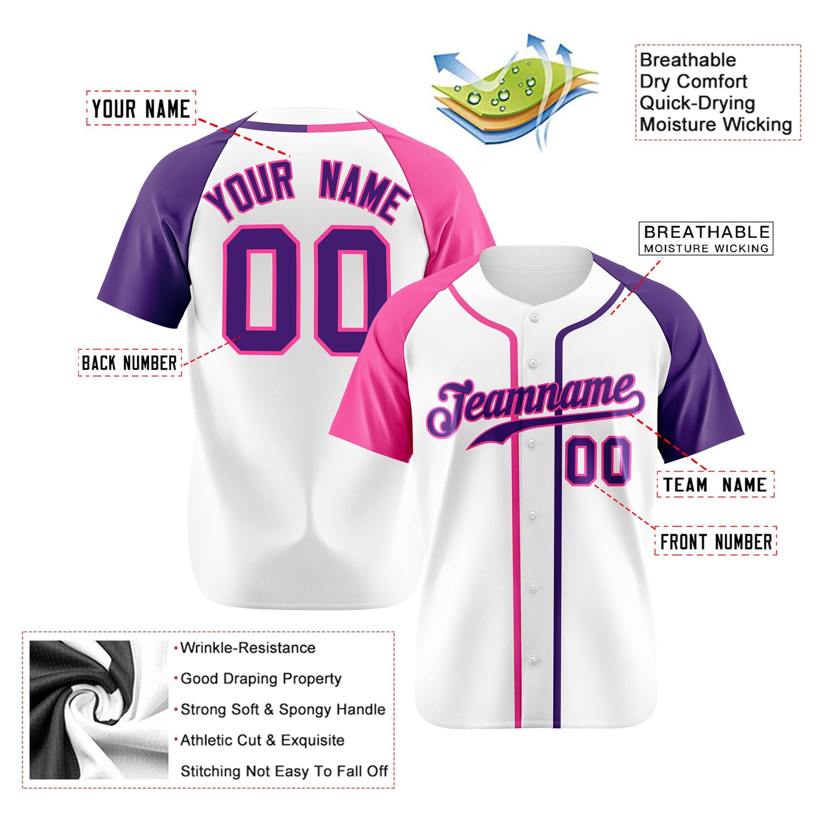 Custom White Pink Purple Authentic Baseball Jersey