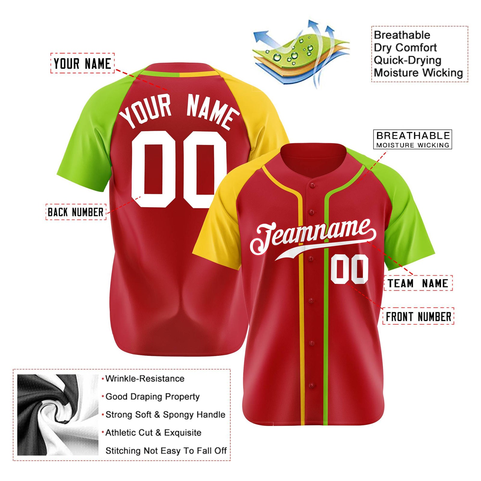 Custom Red Gold Neon Green Authentic Baseball Jersey