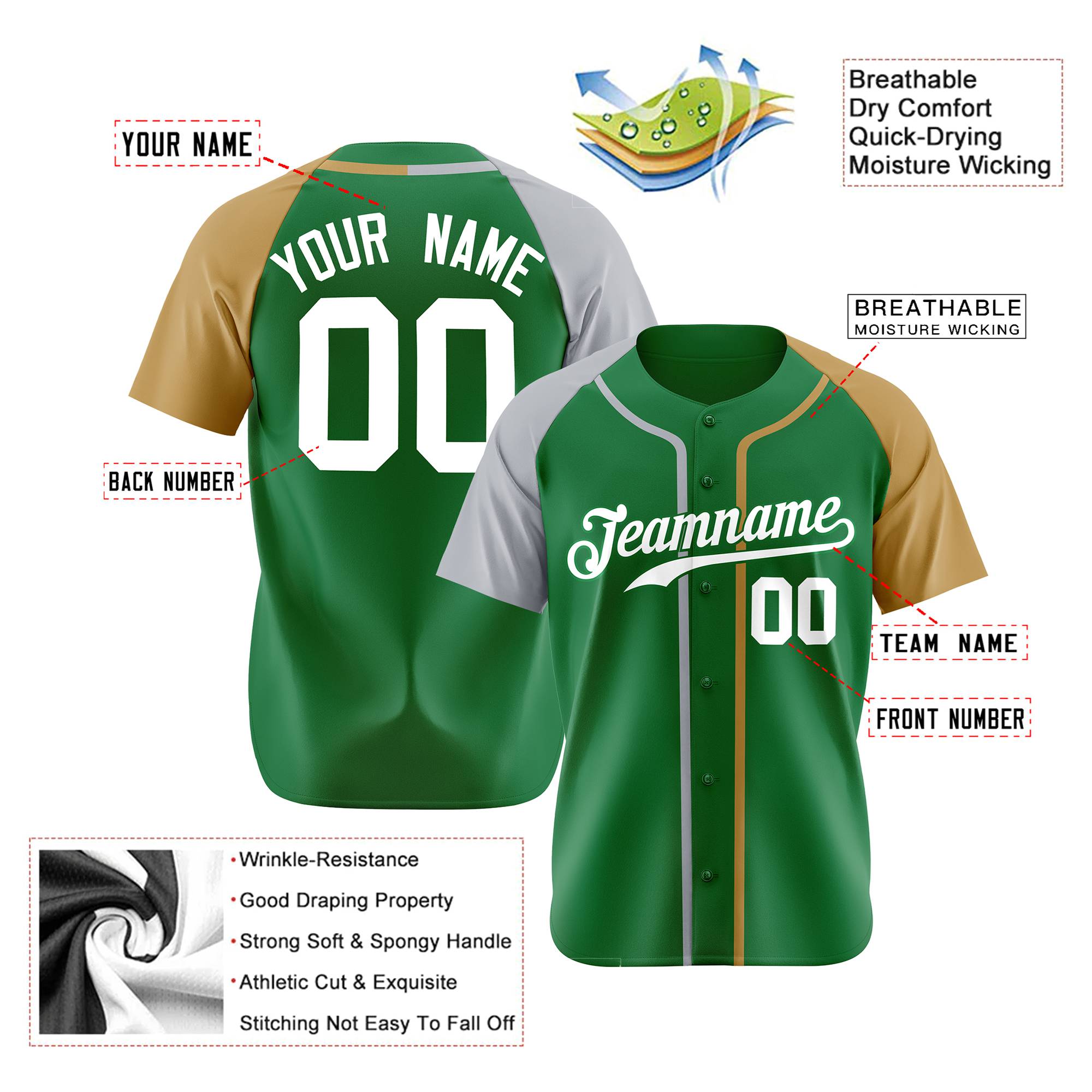 Custom Kelly Green Gray Gold Authentic Baseball Jersey