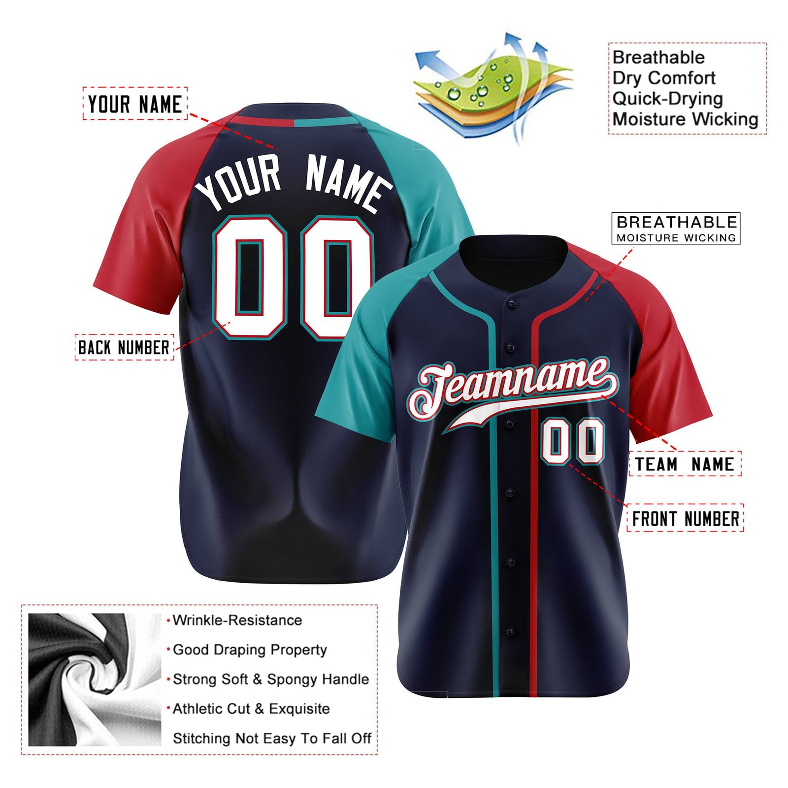 Custom Navy Aqua Red Authentic Baseball Jersey
