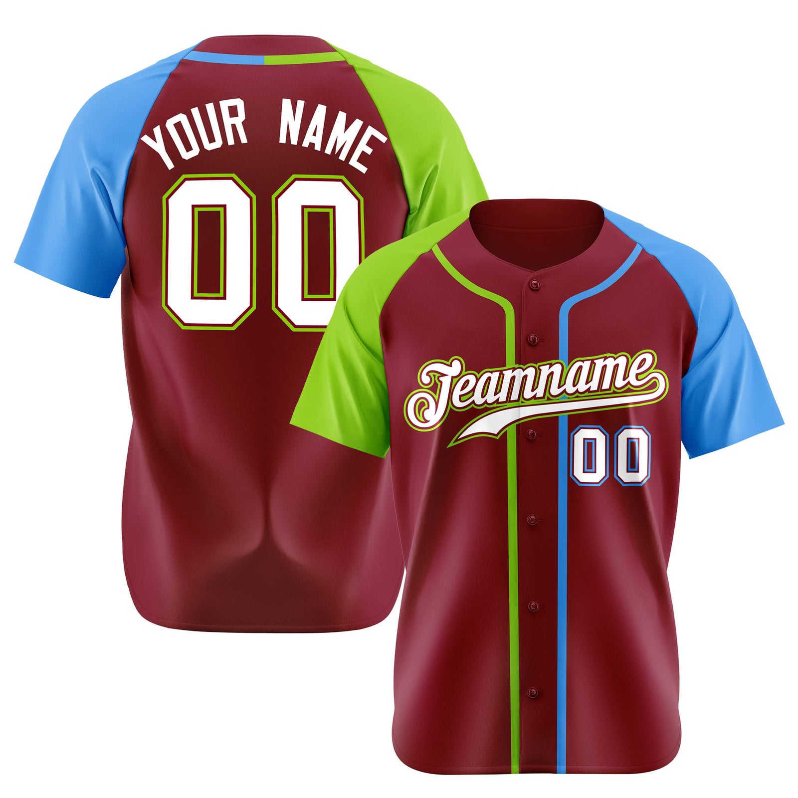 Custom Burgundy Neon Green Sky Blue Authentic Baseball Jersey