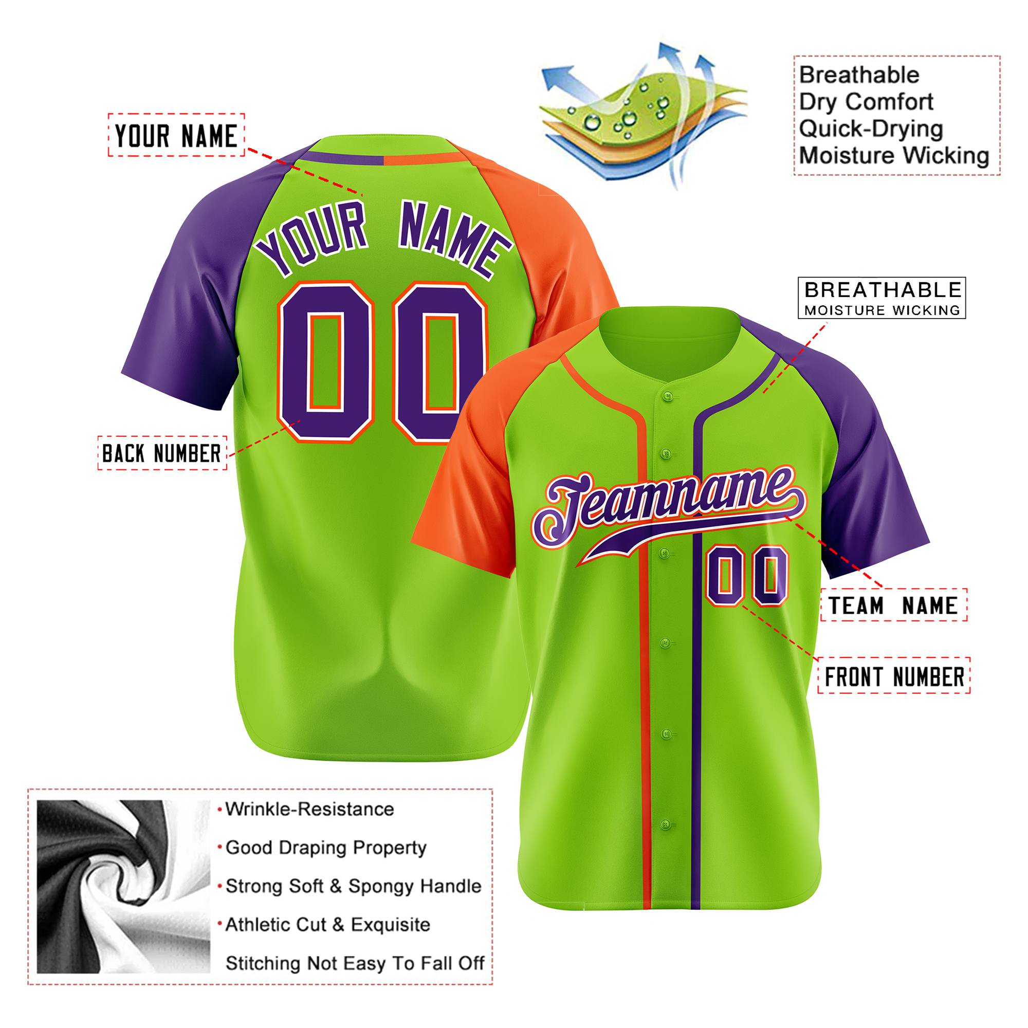 Custom Neon Green Orange Purple Authentic Baseball Jersey