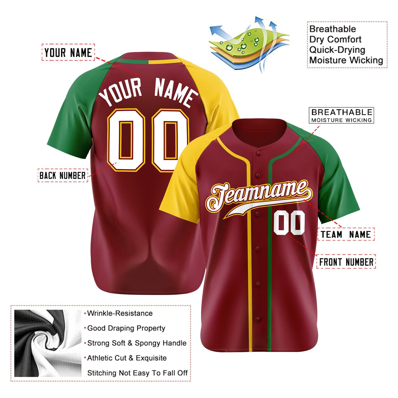 Custom Burgundy Yellow Green Authentic Baseball Jersey