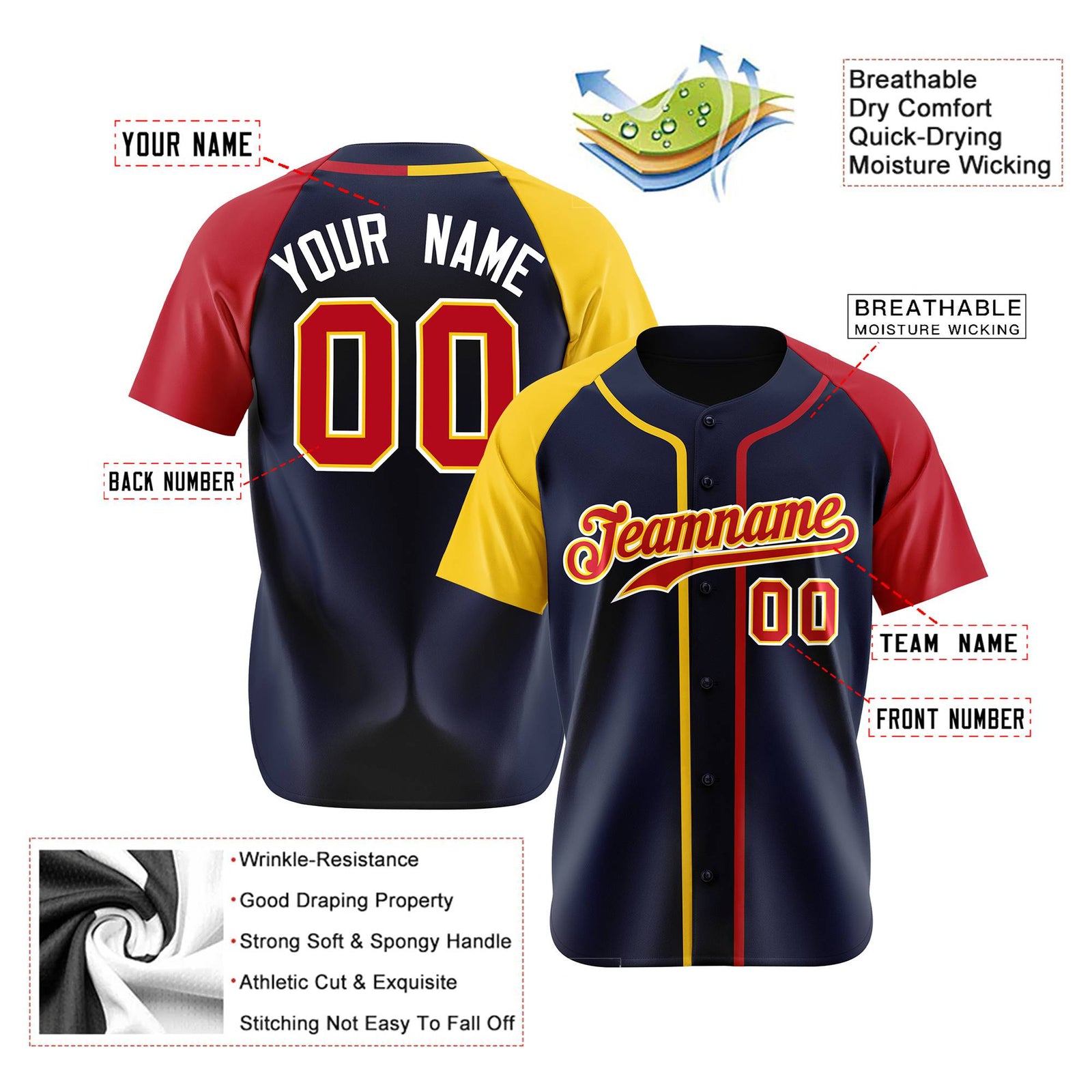 Custom Navy Yellow Red Authentic Baseball Jersey