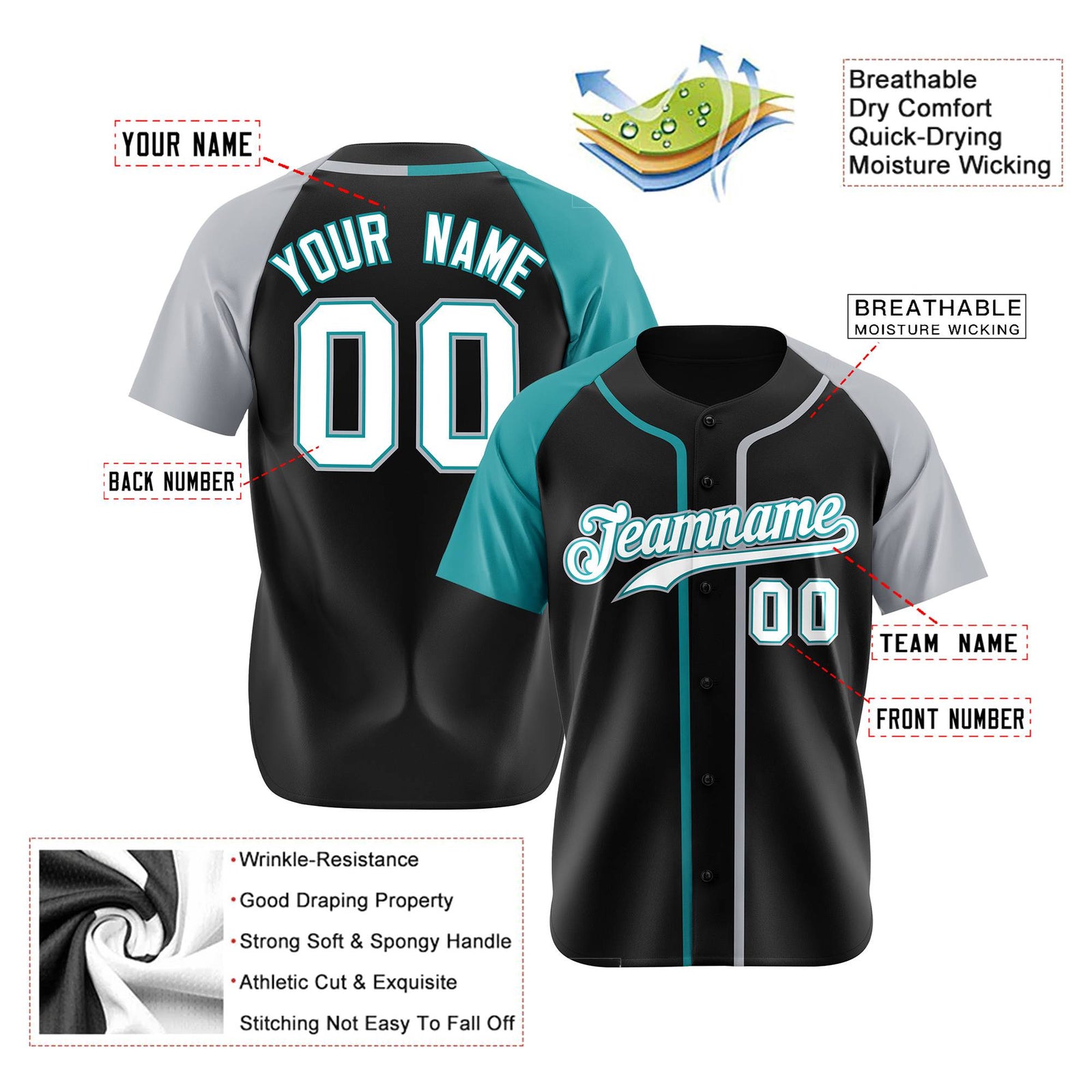 Custom Black Aqua Gray Authentic Baseball Jersey