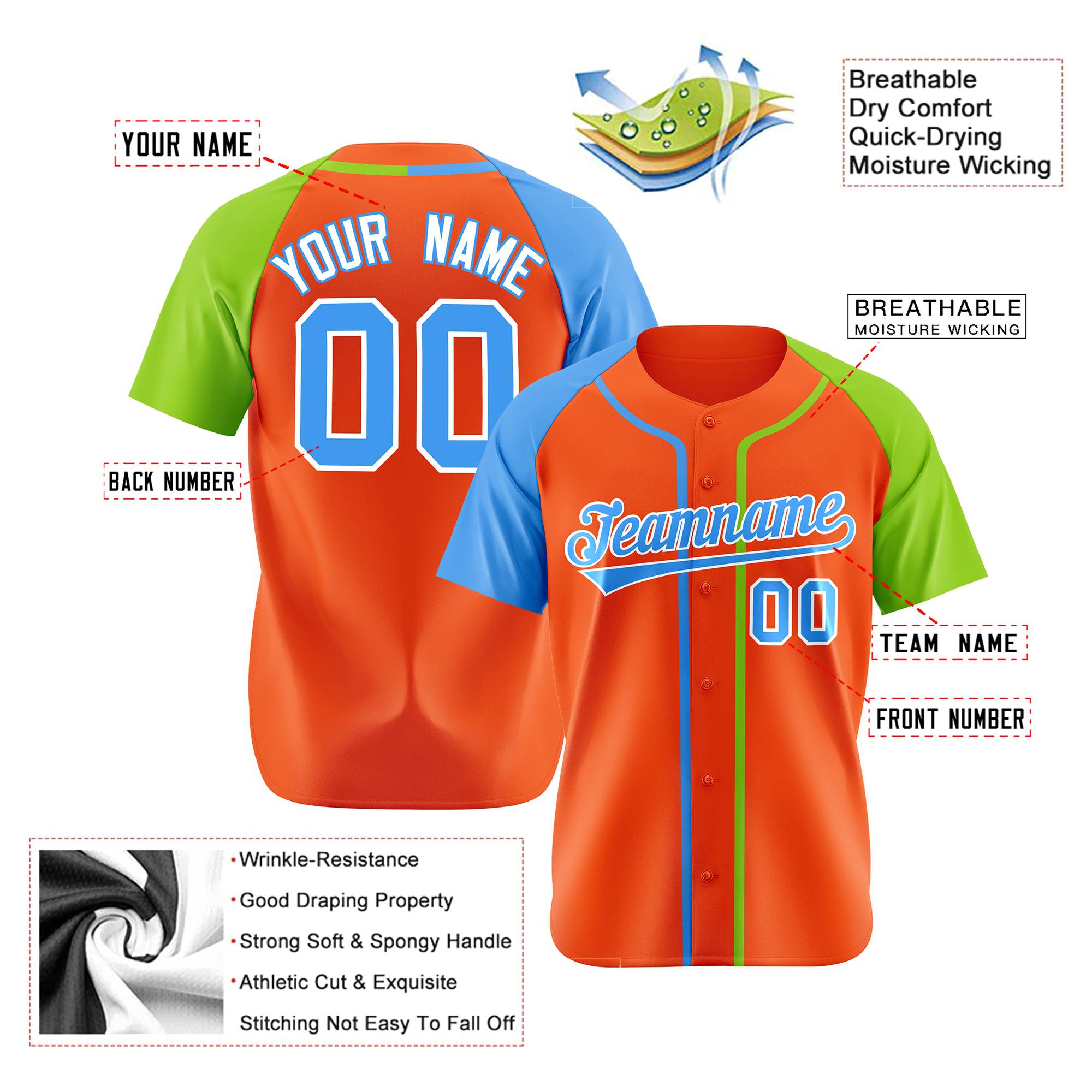 Custom Orange Sky Blue Neon Green Authentic Baseball Jersey