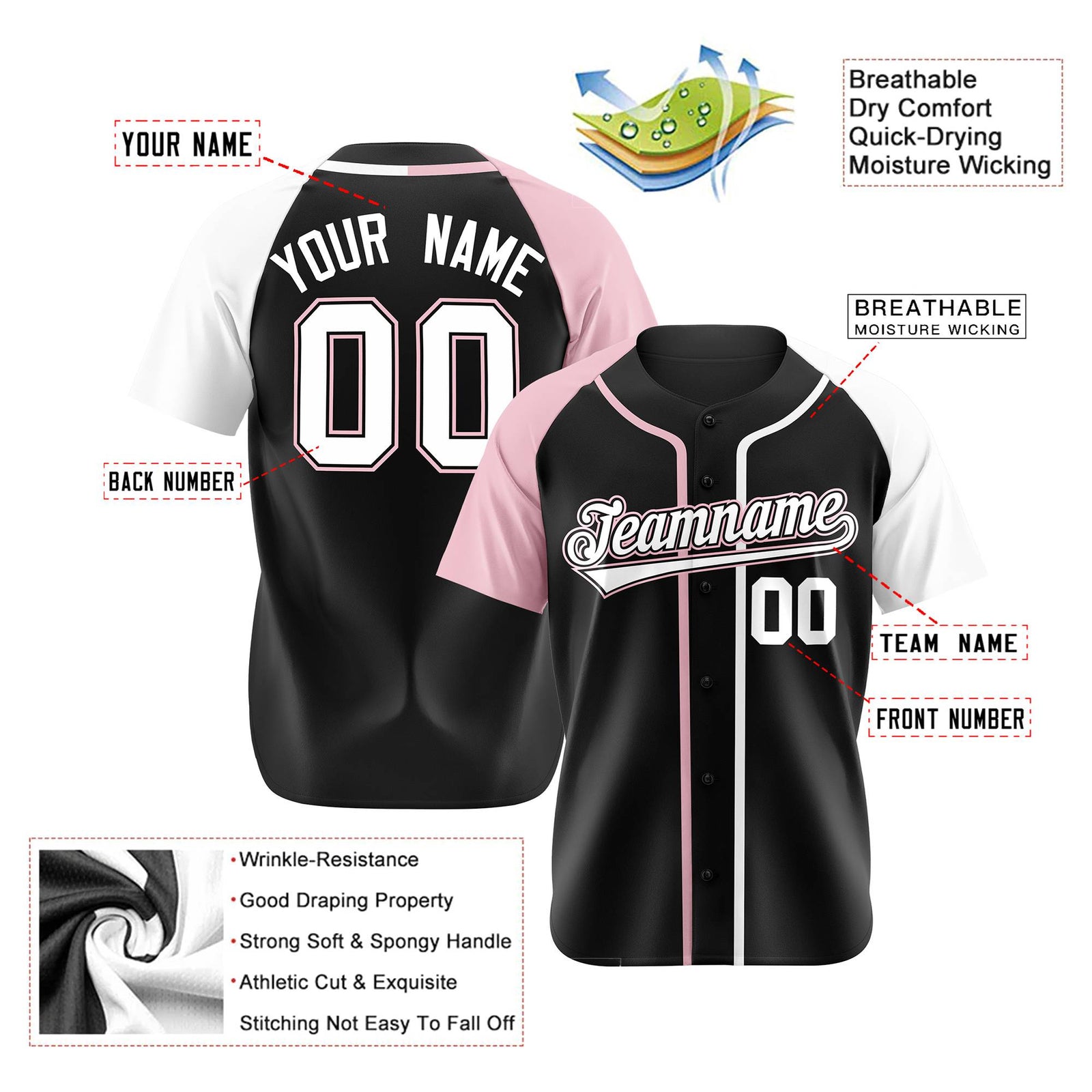 Custom Black Pink White Authentic Baseball Jersey