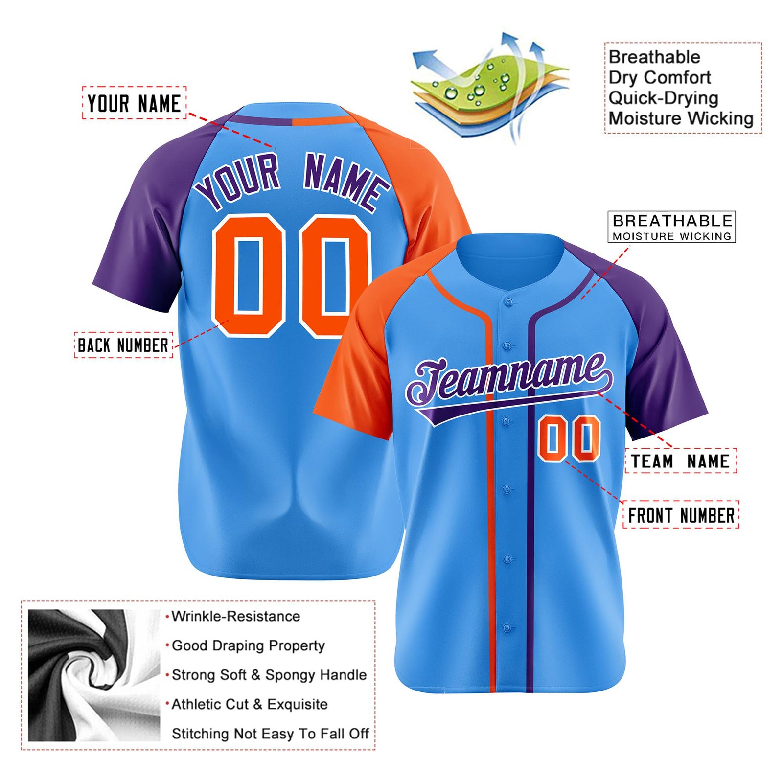 Custom Sky Blue Orange Purple Authentic Baseball Jersey