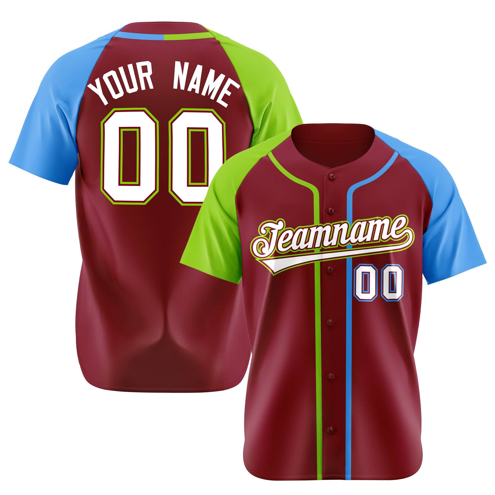 Custom Burgundy Neon Green Sky Blue Authentic Baseball Jersey