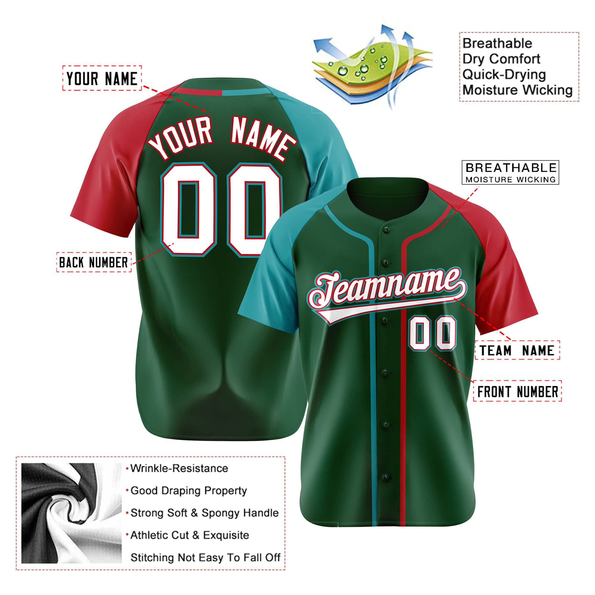 Custom Kelly Green Aqua Red Authentic Baseball Jersey