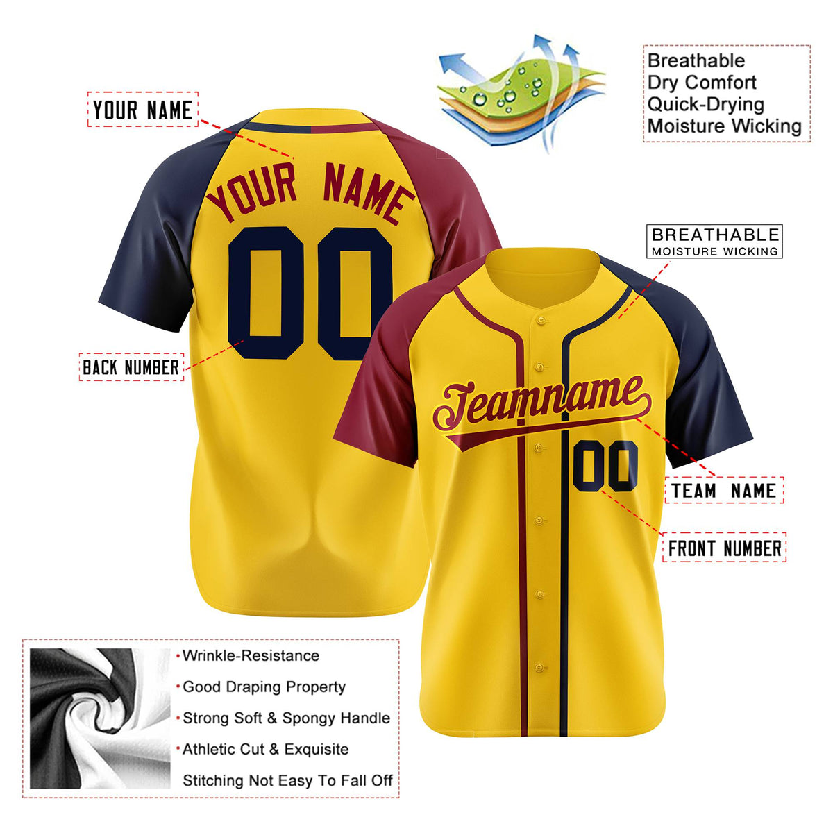 Custom Yellow Burgundy Navy Authentic Baseball Jersey