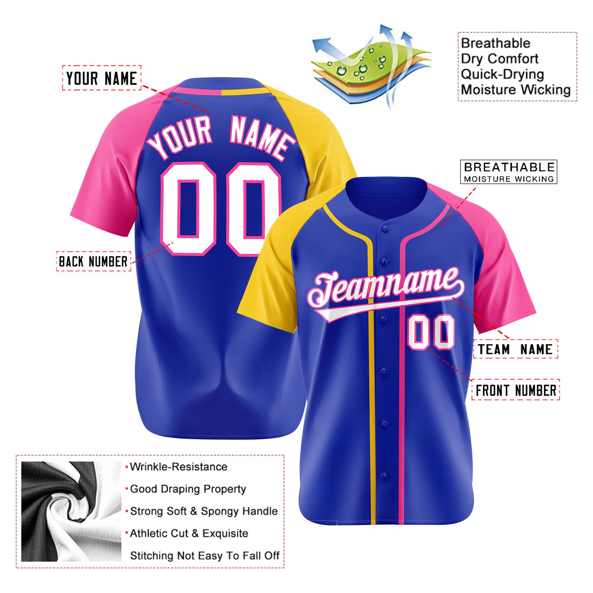 Custom Blue Yellow Pink Authentic Baseball Jersey