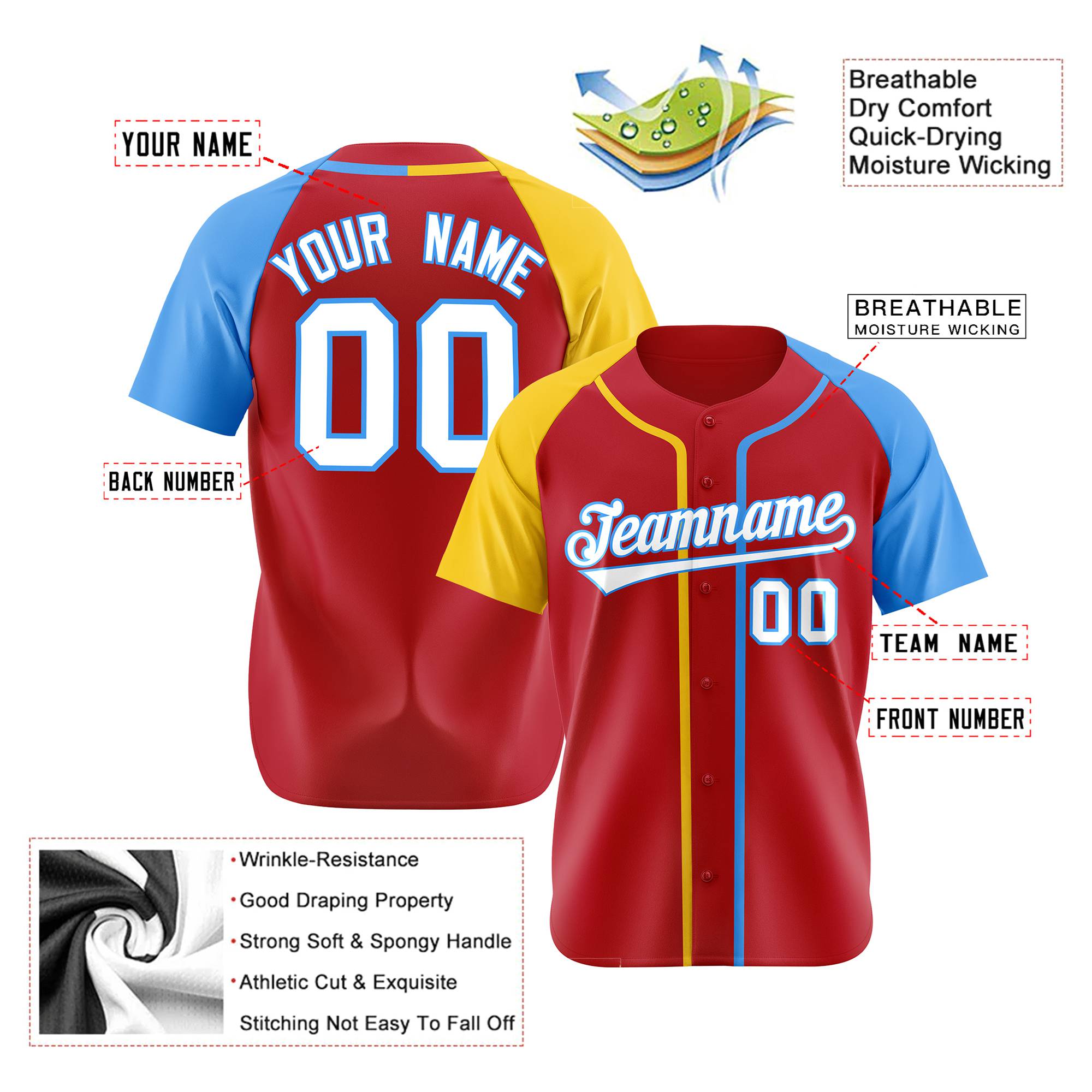 Custom Red Yellow Light Blue Authentic Baseball Jersey