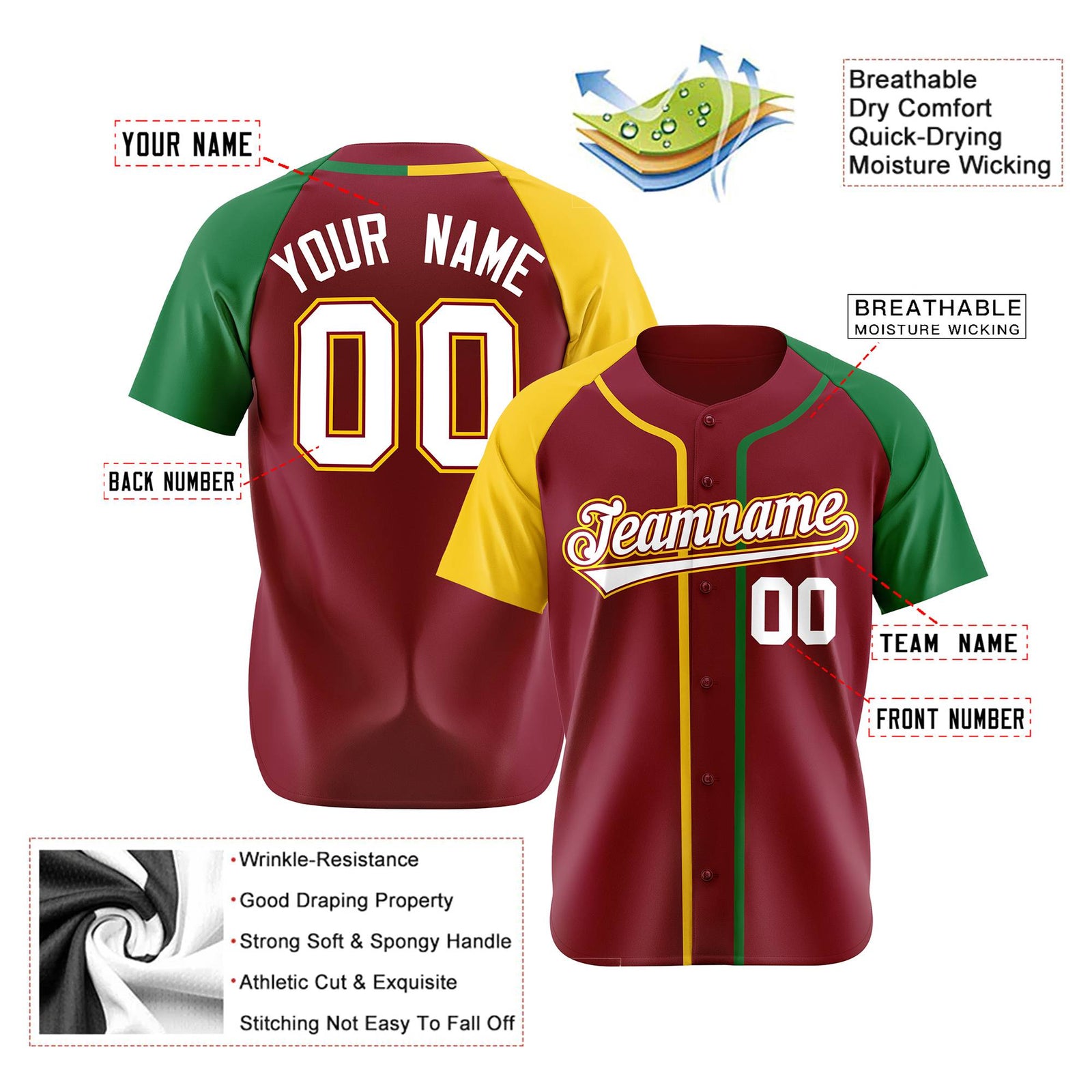 Custom Burgundy Yellow Green Authentic Baseball Jersey
