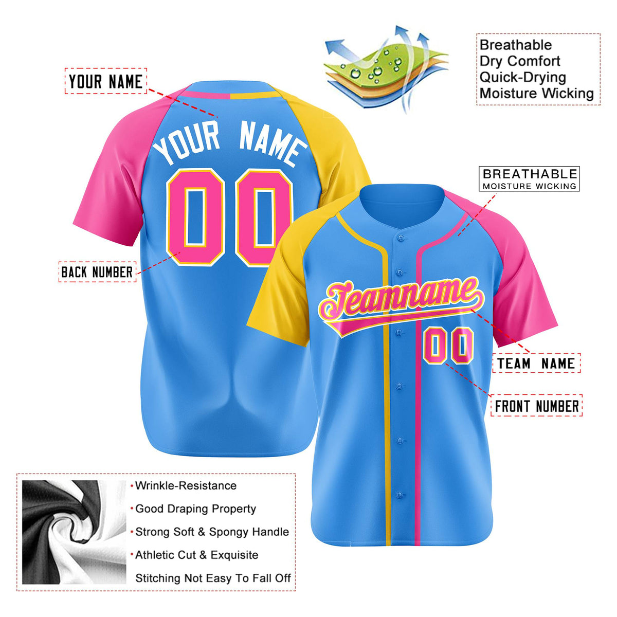Custom Sky Blue Yellow Pink Authentic Baseball Jersey