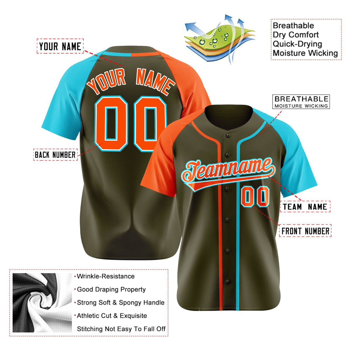 Custom Olive Orange Blue Authentic Baseball Jersey