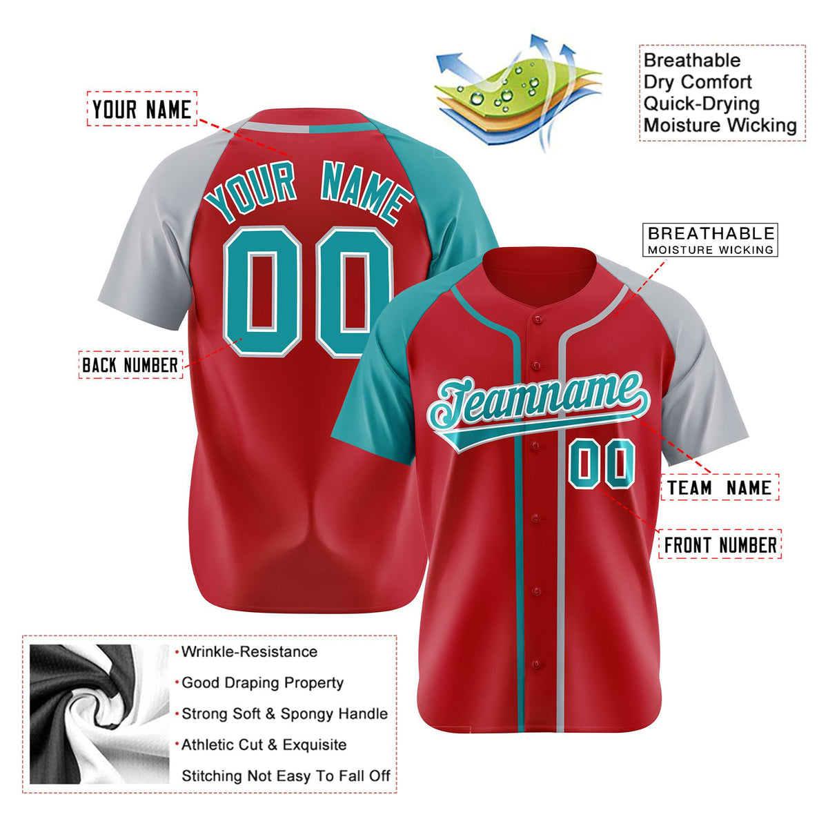 Custom Red Aqua Gray Authentic Baseball Jersey
