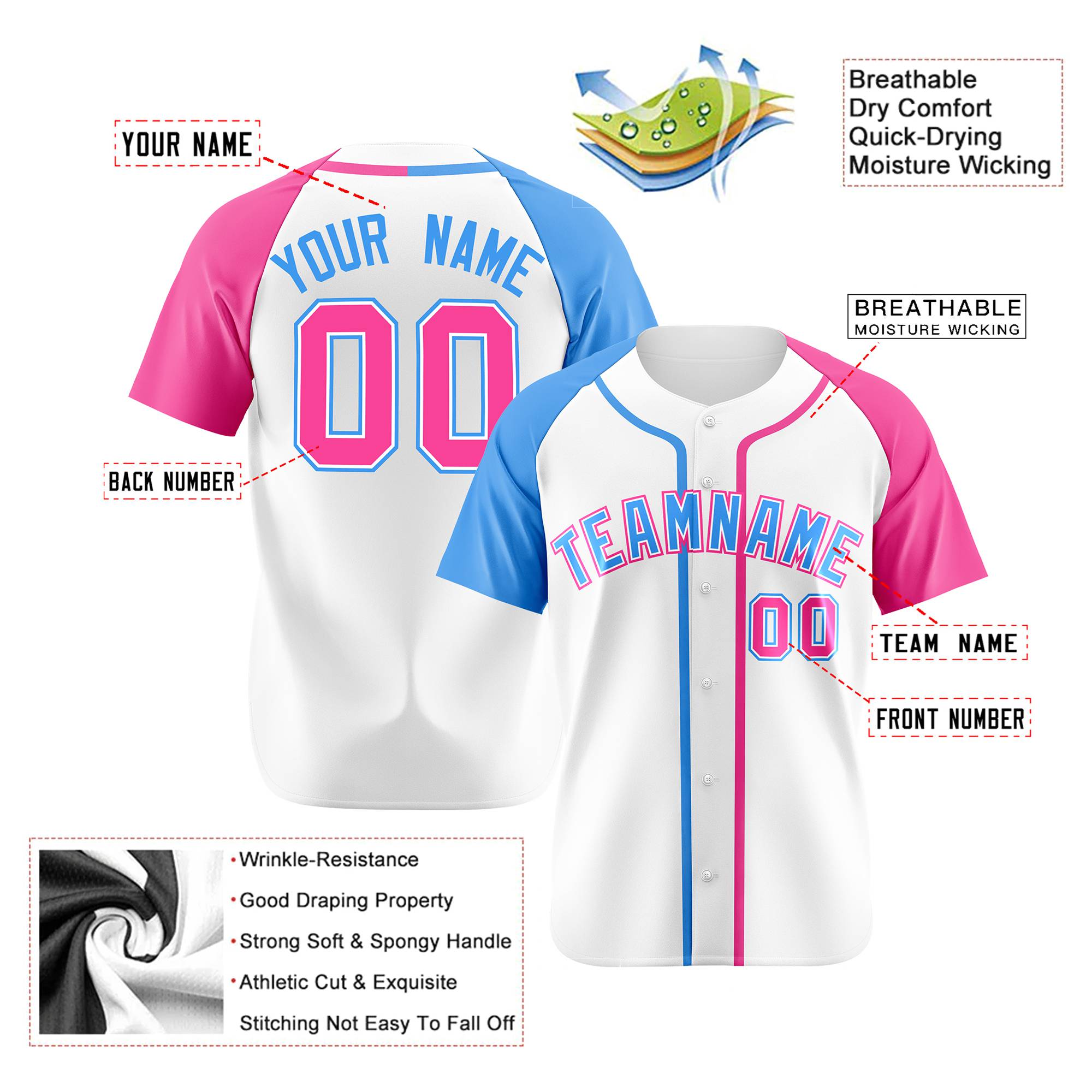 Custom White Sky Blue Pink Authentic Baseball Jersey