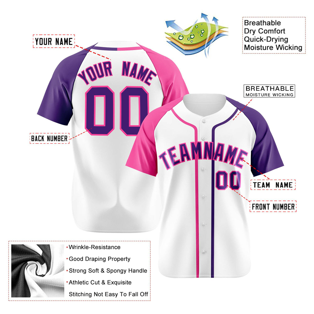 Custom White Pink Purple Authentic Baseball Jersey