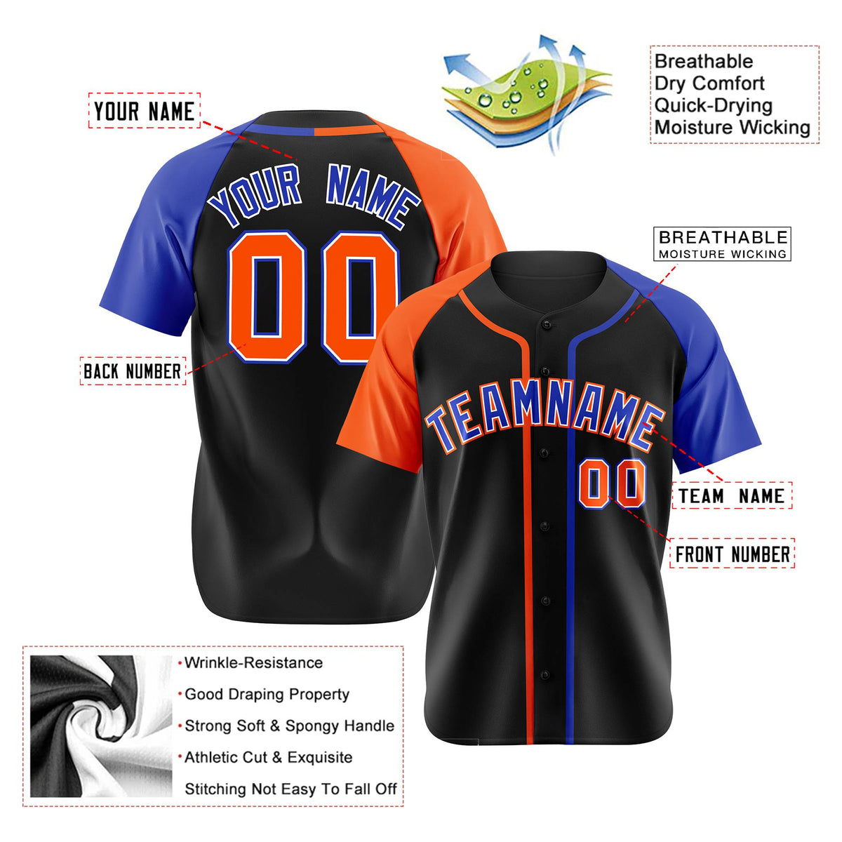Custom Black Orange Blue Authentic Baseball Jersey