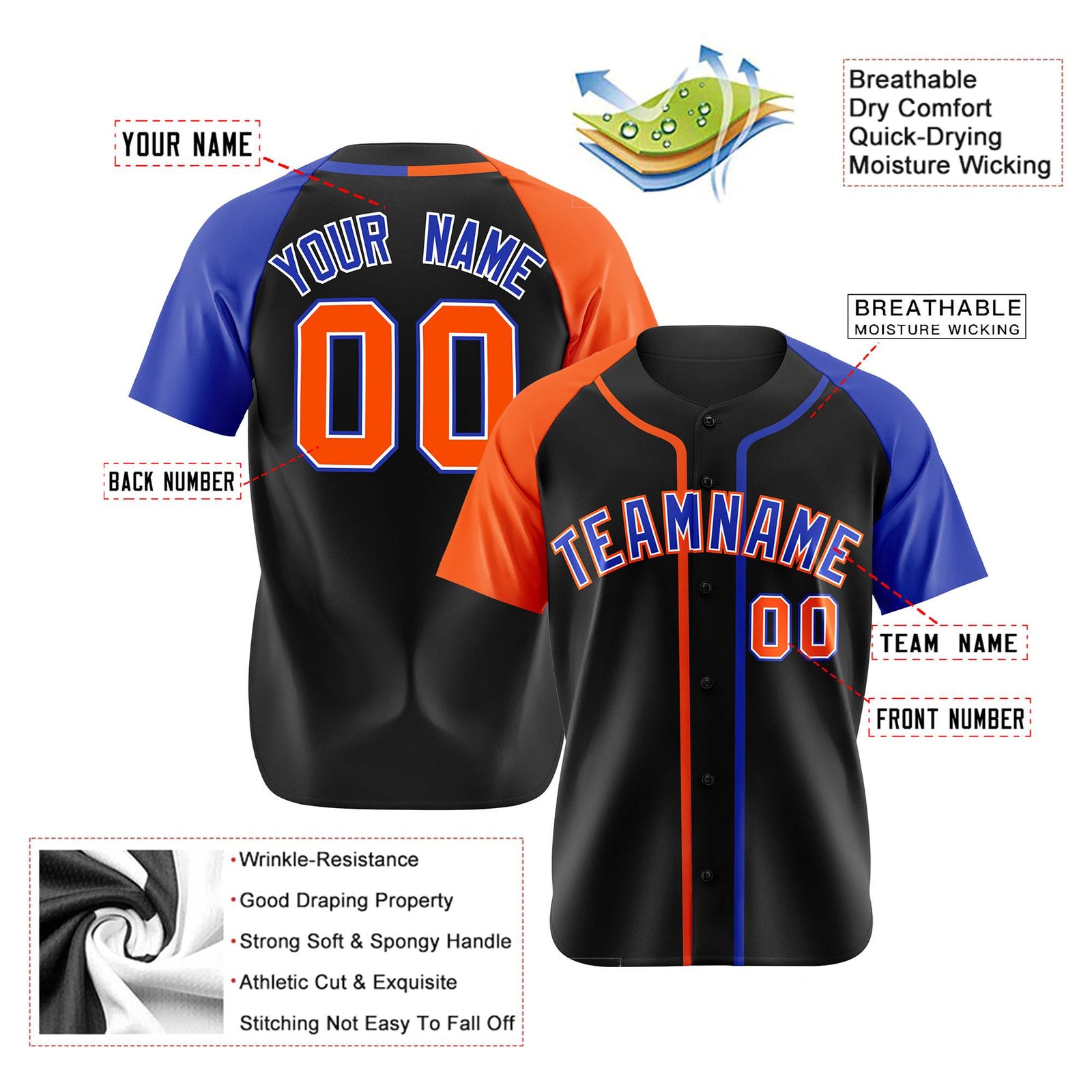 Custom Black Orange Blue Authentic Baseball Jersey