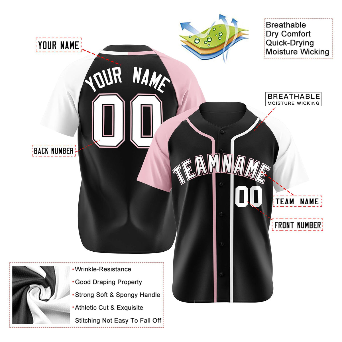 Custom Black Pink White Authentic Baseball Jersey