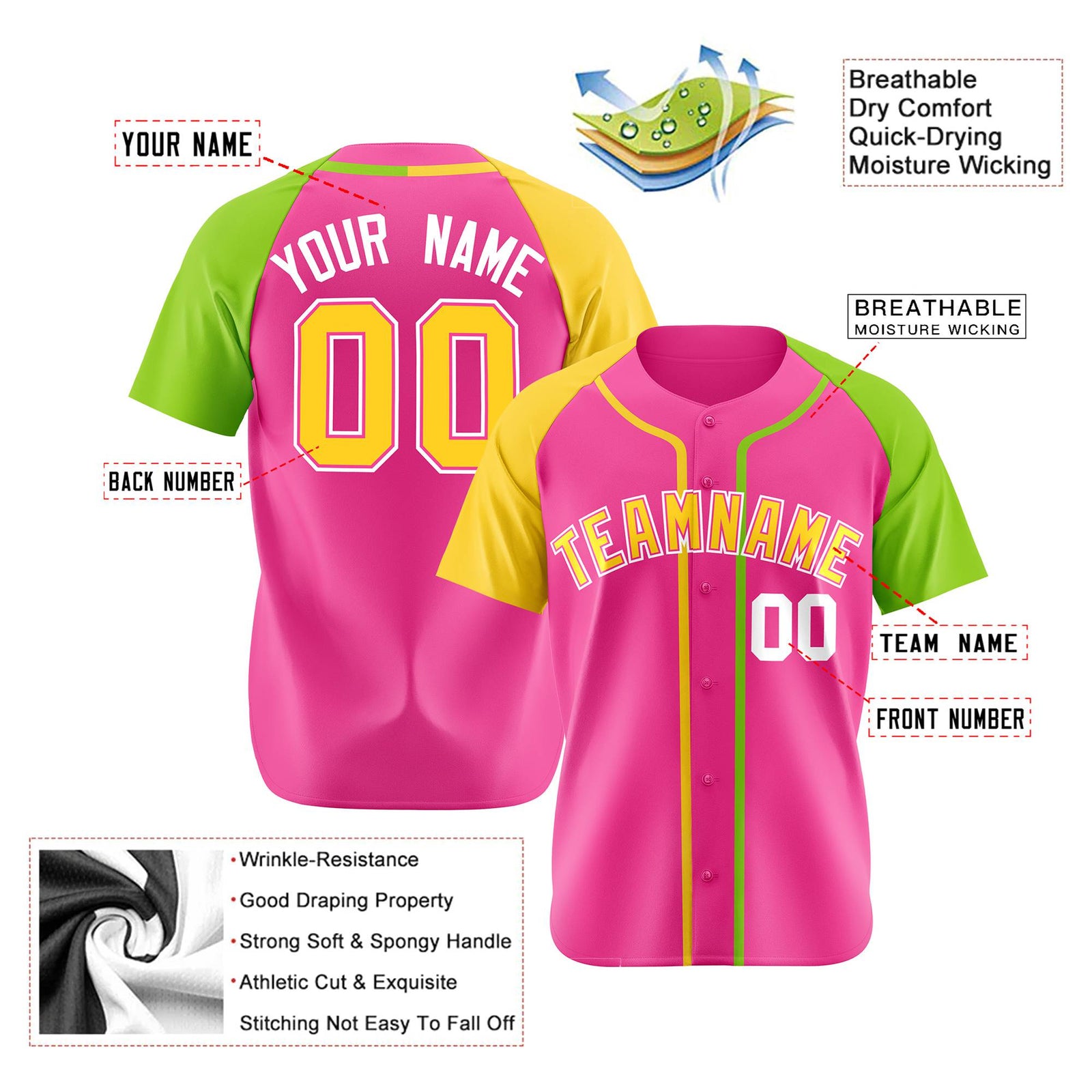 Custom Pink Gold Neon Green Authentic Baseball Jersey