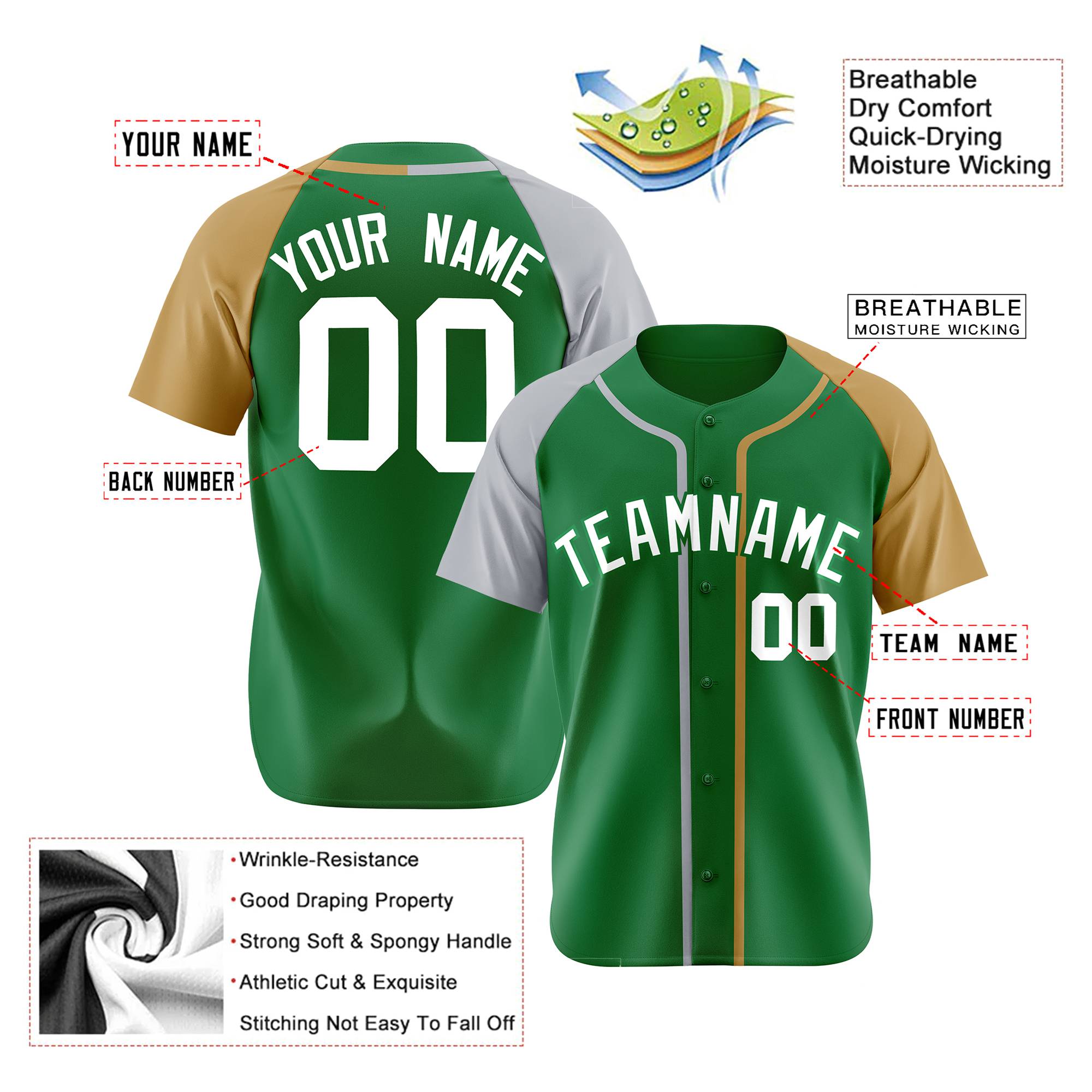 Custom Kelly Green Gray Gold Authentic Baseball Jersey