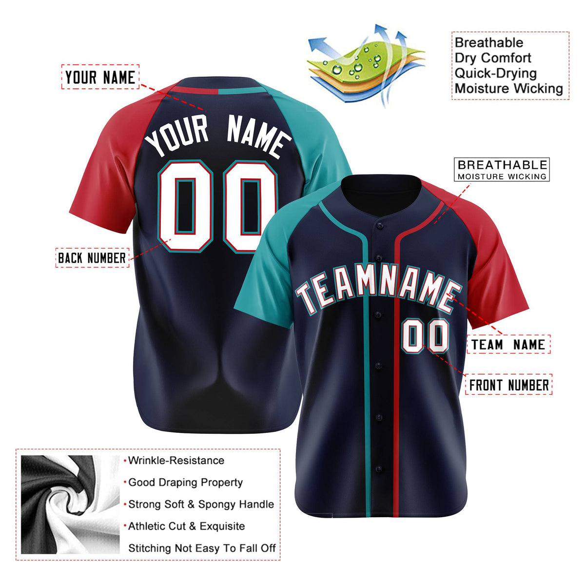 Custom Navy Aqua Red Authentic Baseball Jersey