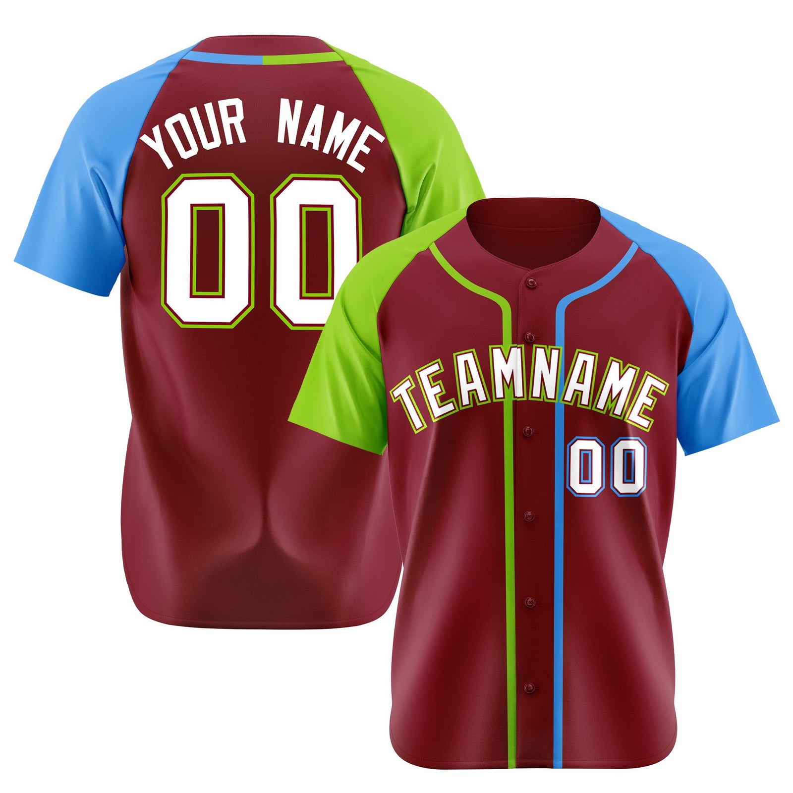 Custom Burgundy Neon Green Sky Blue Authentic Baseball Jersey