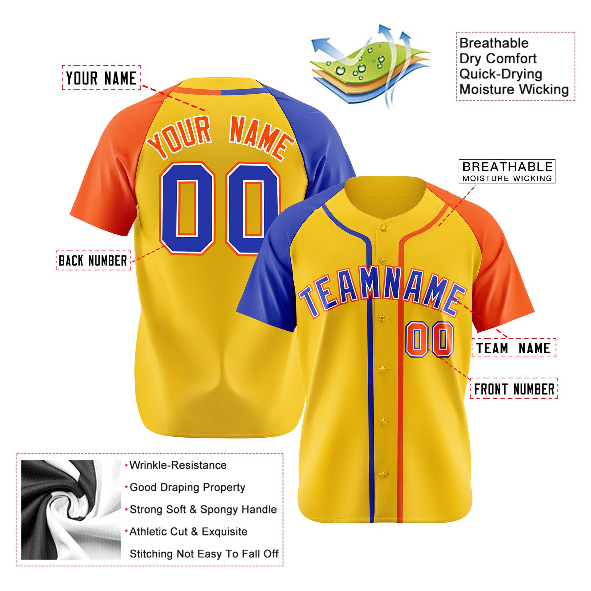 Custom Gold Blue Orange Authentic Baseball Jersey