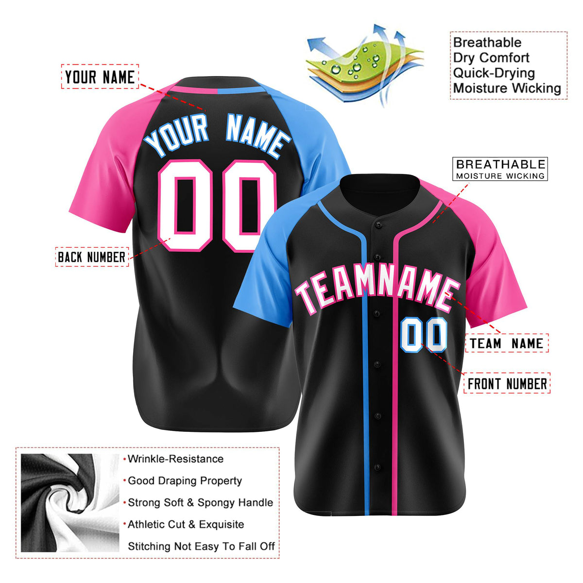 Custom Black Light Blue Pink Authentic Baseball Jersey