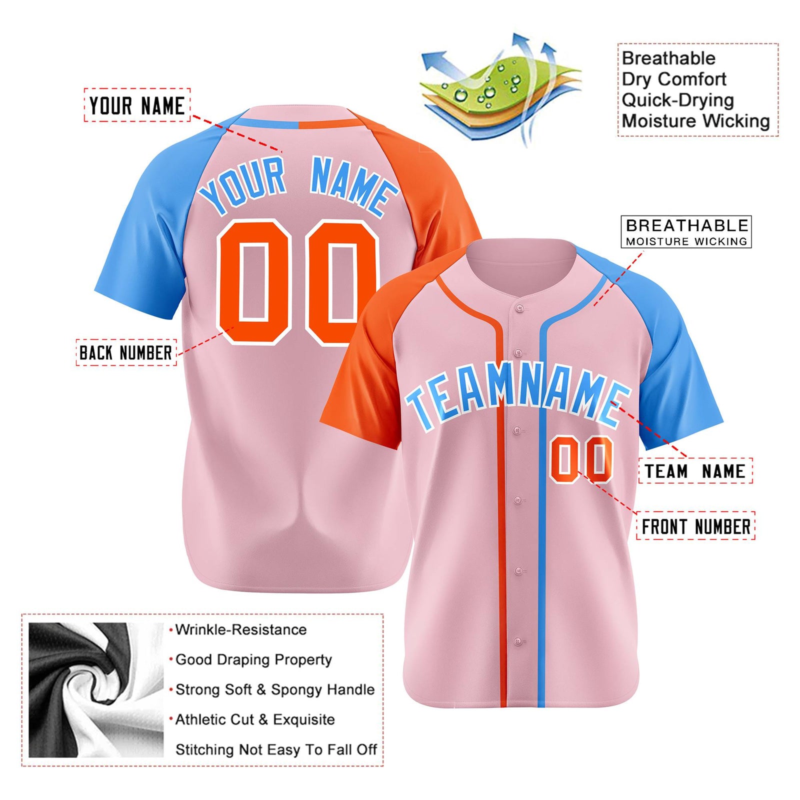 Custom Pink Orange Light Blue Authenti Baseball Jersey