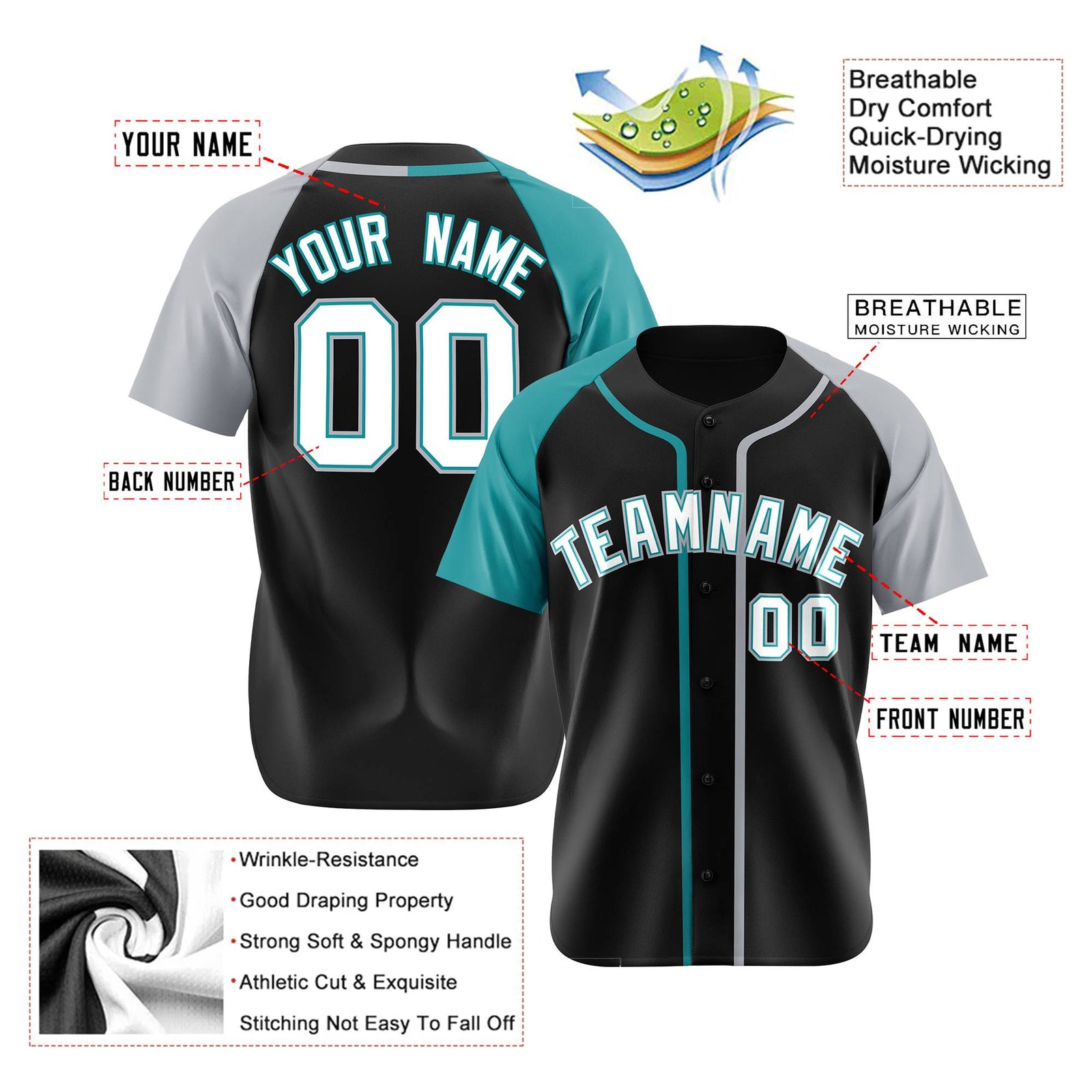 Custom Black Aqua Gray Authentic Baseball Jersey