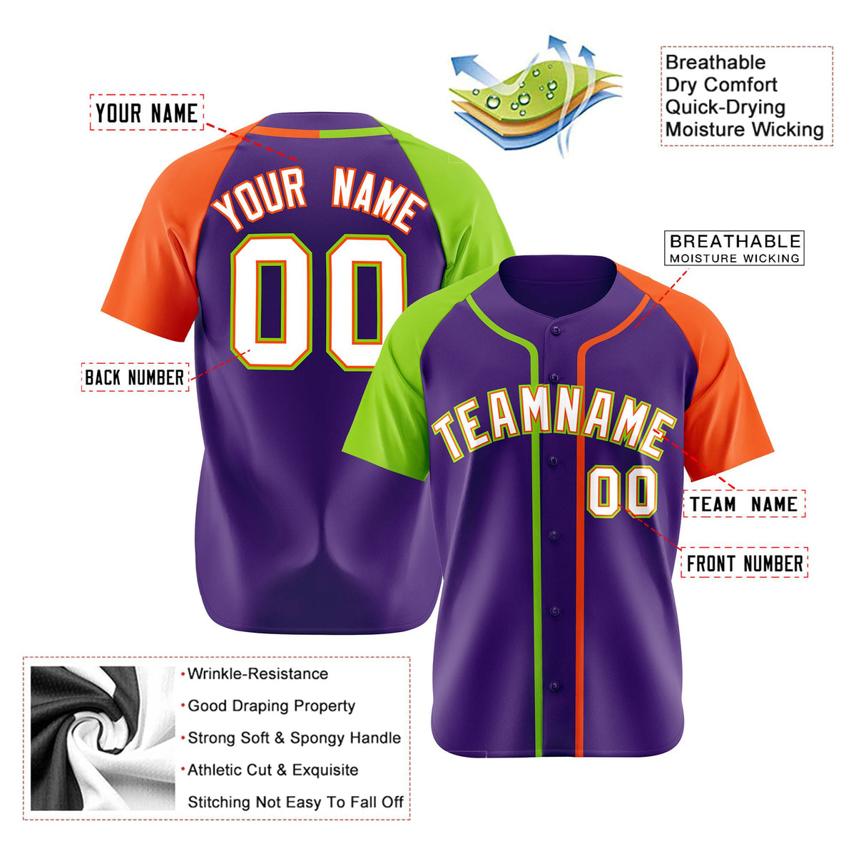 Custom Purple Neon Green Orange Authentic Baseball Jersey