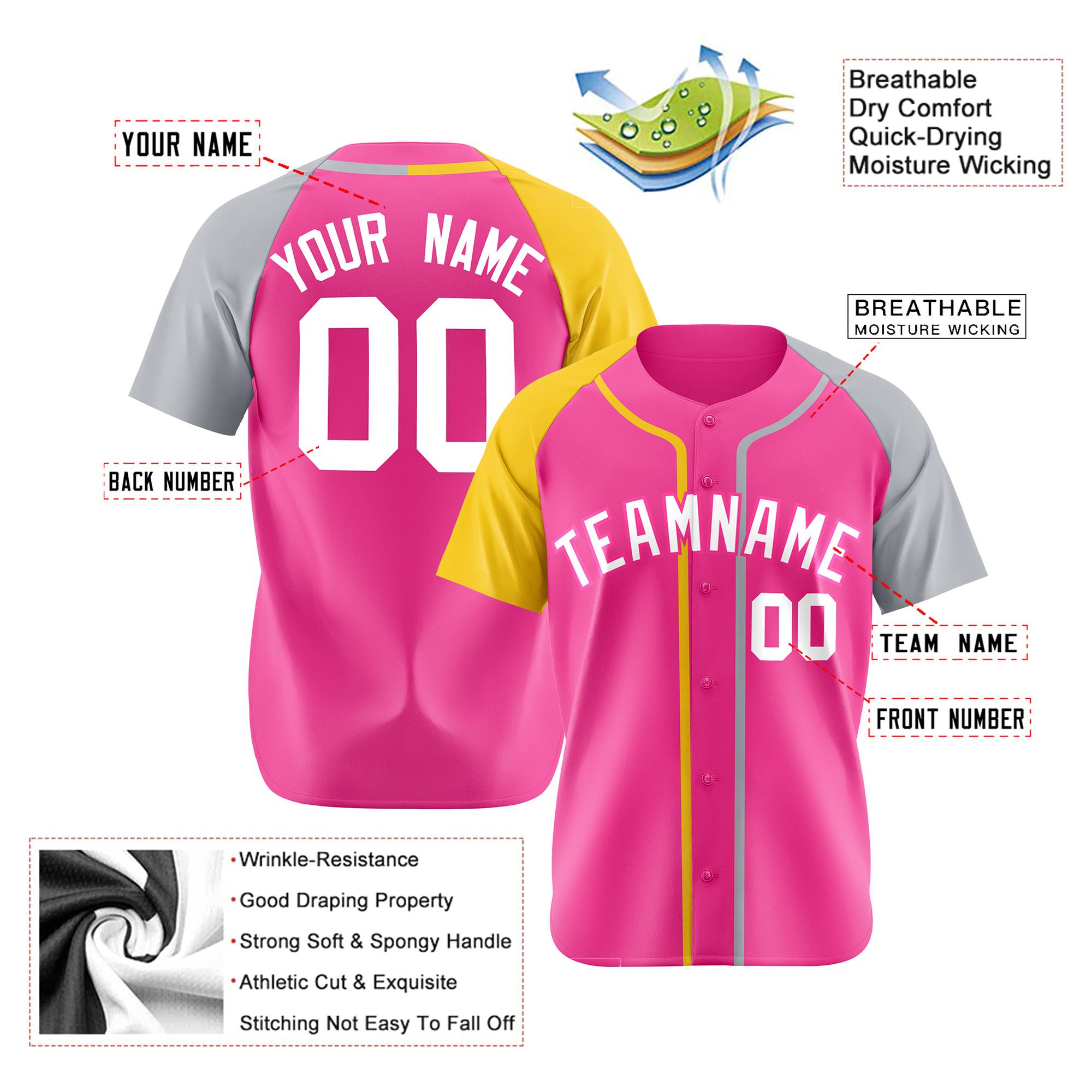 Custom Pink Yellow Gray Authentic Baseball Jersey