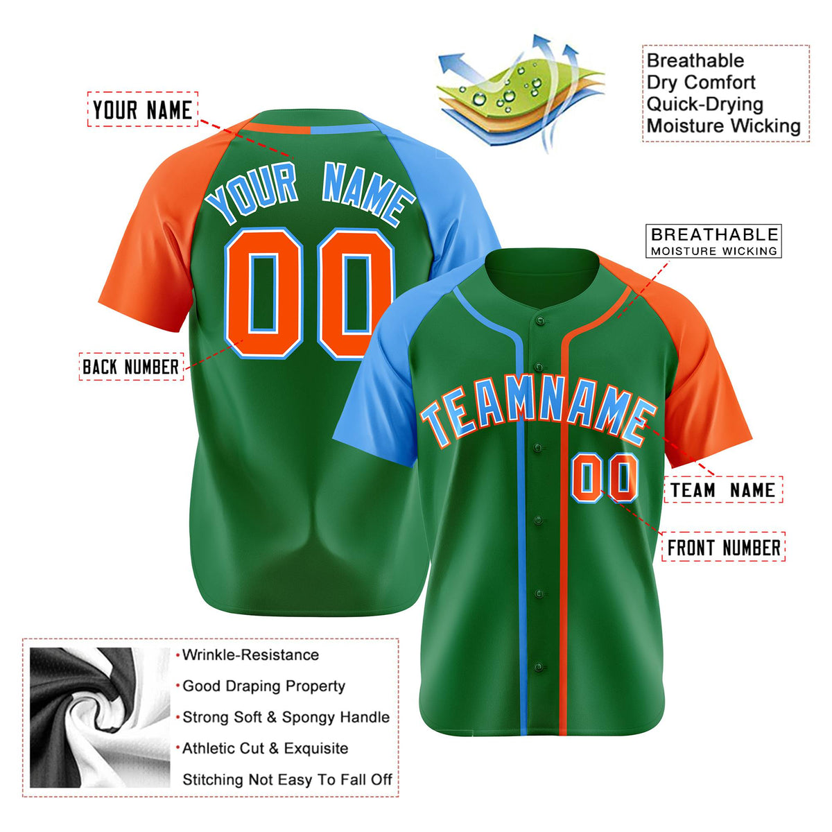 Custom Kelly Green Blue Orange Authentic Baseball Jersey
