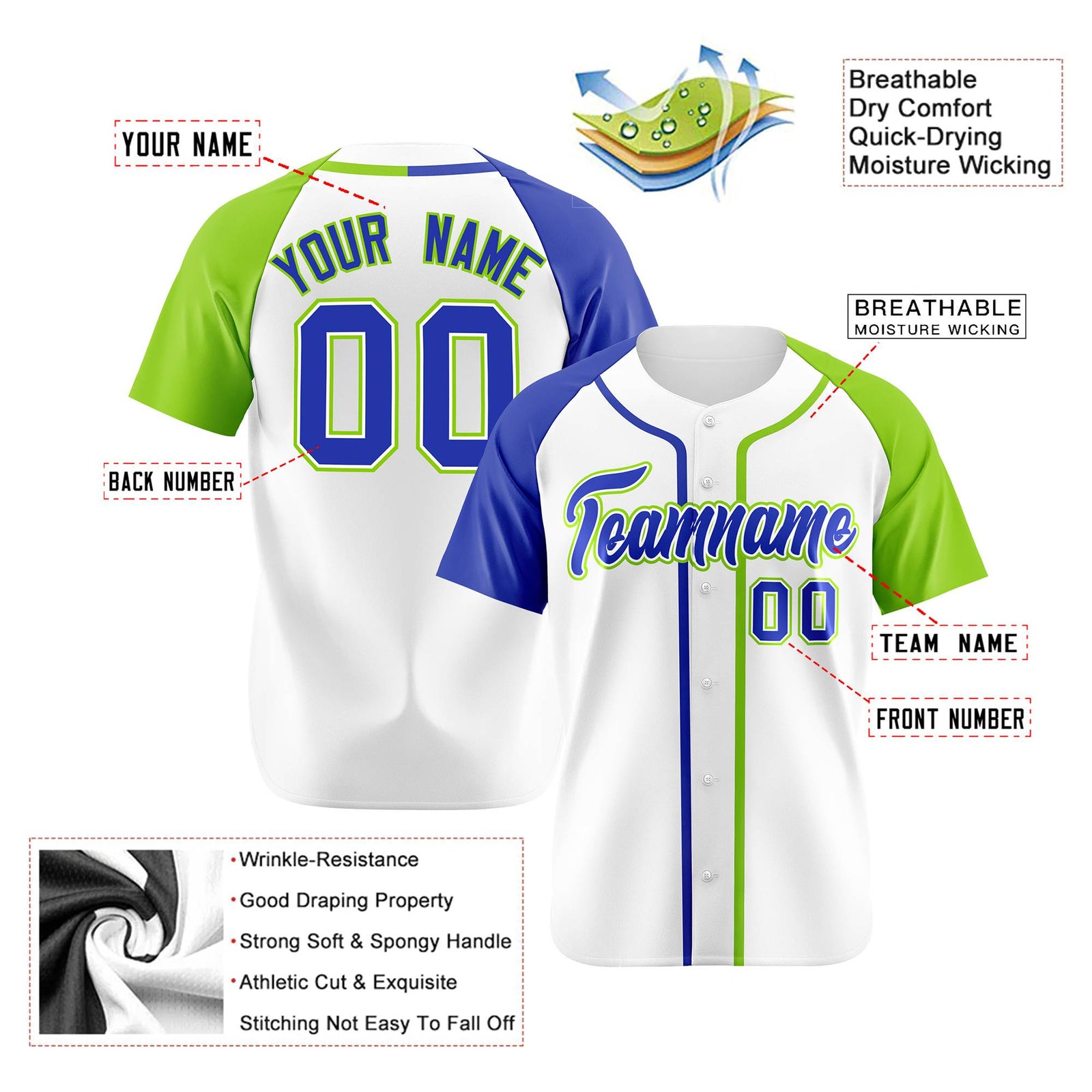 Custom White Blue Neon Green Authentic Baseball Jersey